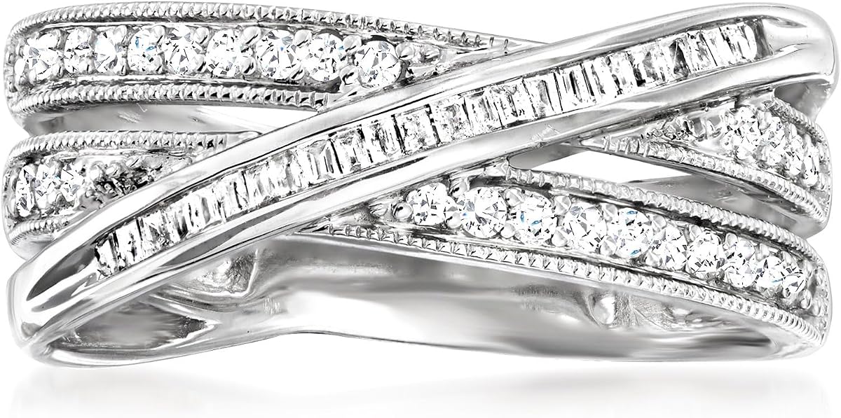 Ross-Simons 0.33 ct. t.w. Round and Baguette Diamond Crisscross Ring in Sterling Silver