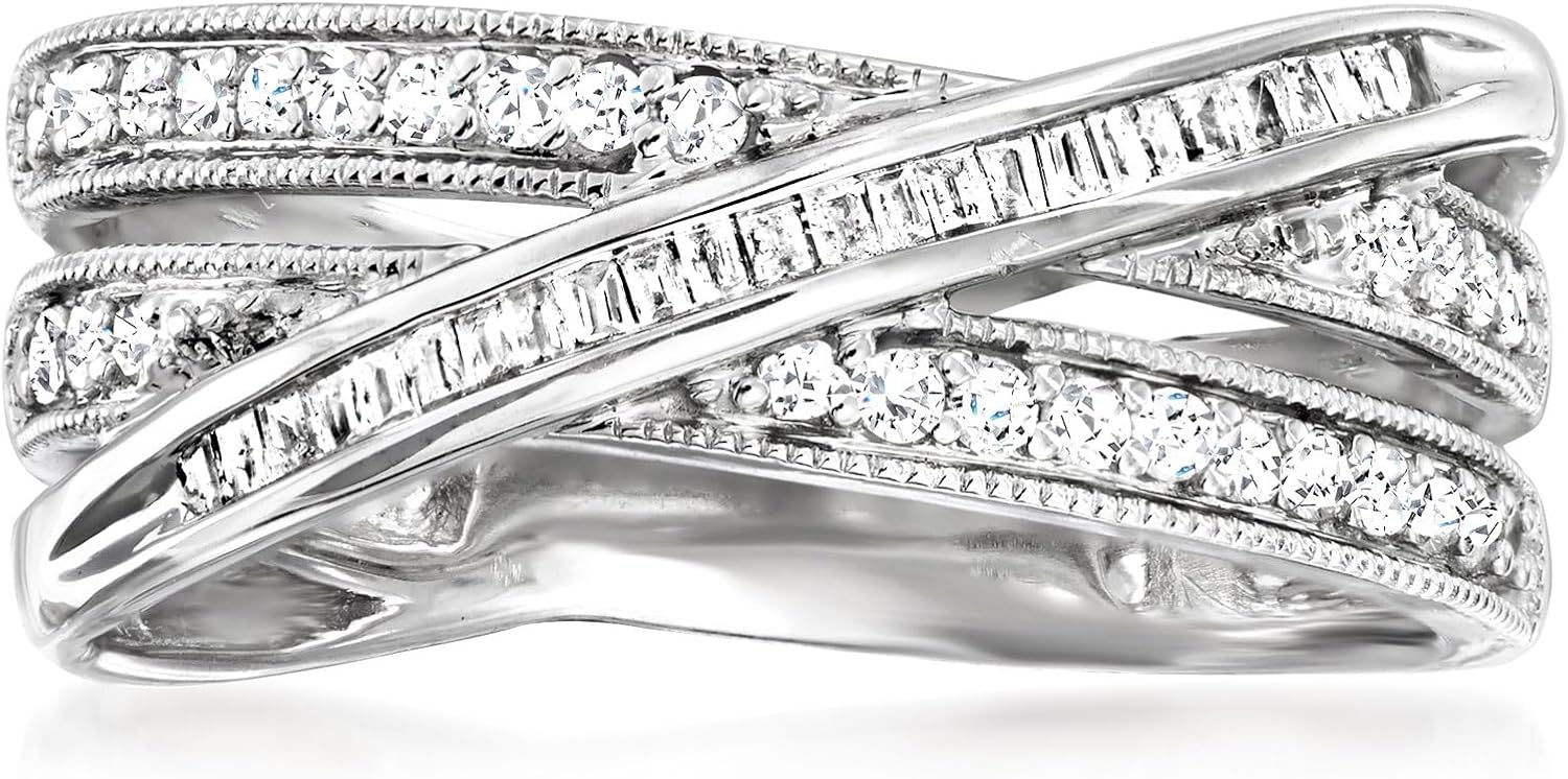 Ross-Simons 0.33ct t.w. Round Baguette Diamond Crisscross Sterling Silver Statement Ring