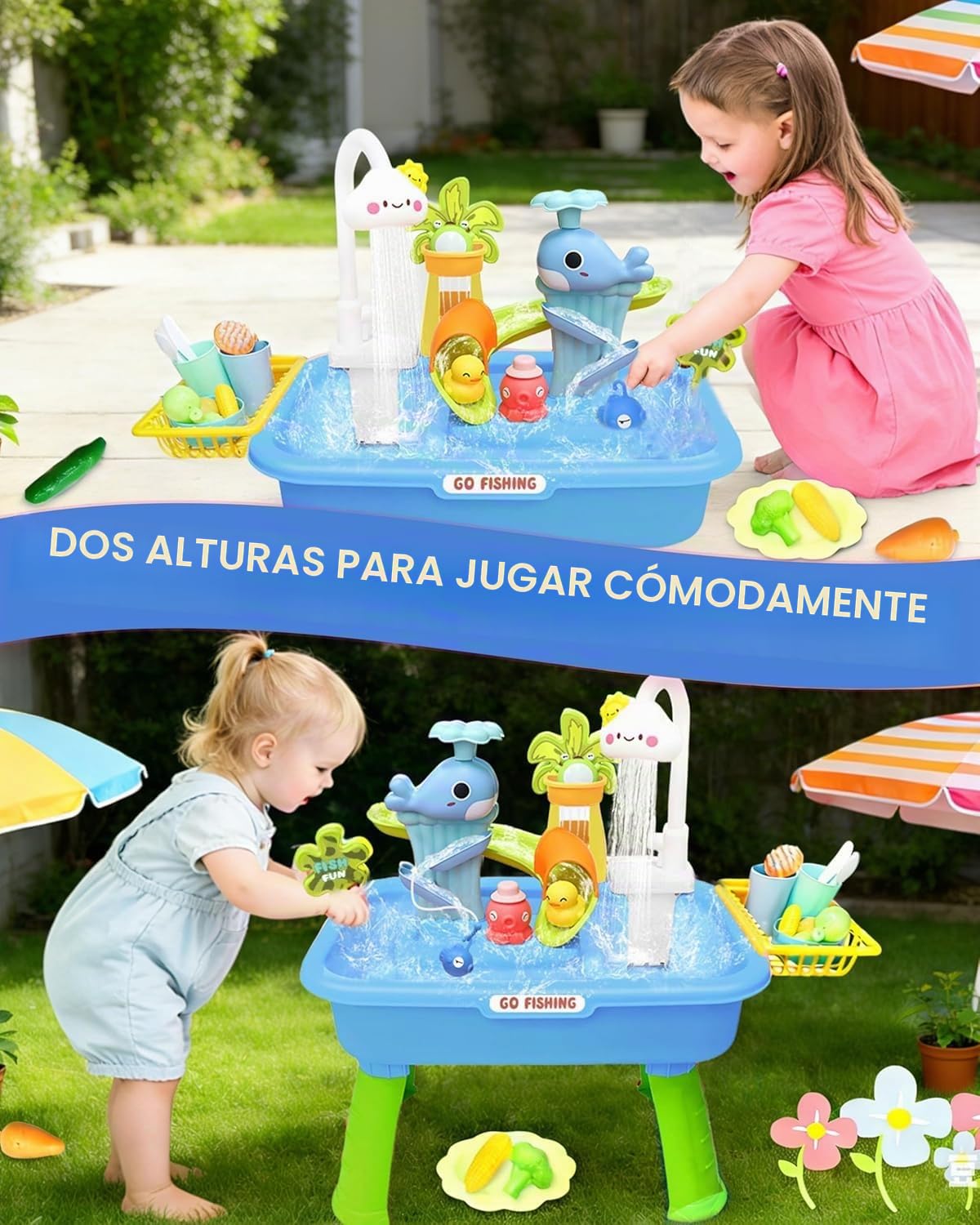 Mesa de Agua Infantil con Bomba y Agua Corriente, 4 en 1 Juegos de Agua para Exterior, Mesa de Juego Acuático con Pesca Simulada, Mesa Sensorial de Agua para Niños de 3 Años+ (Batería No