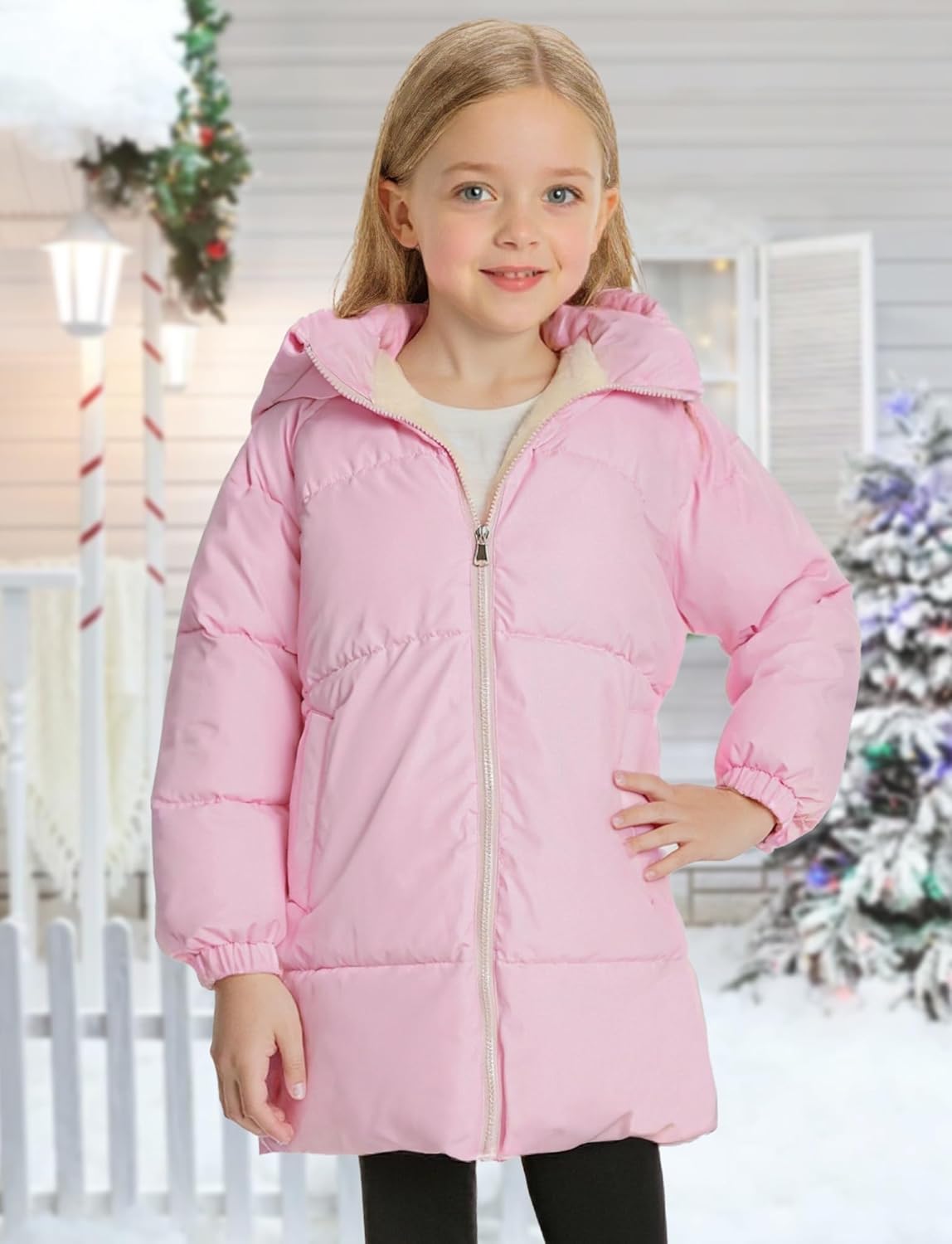 SEAUR Girls Winter Coat Hooded Medium Length Jacket Comfy Down-like Cotton Outwear Black & Pink 5-12T - Image 2