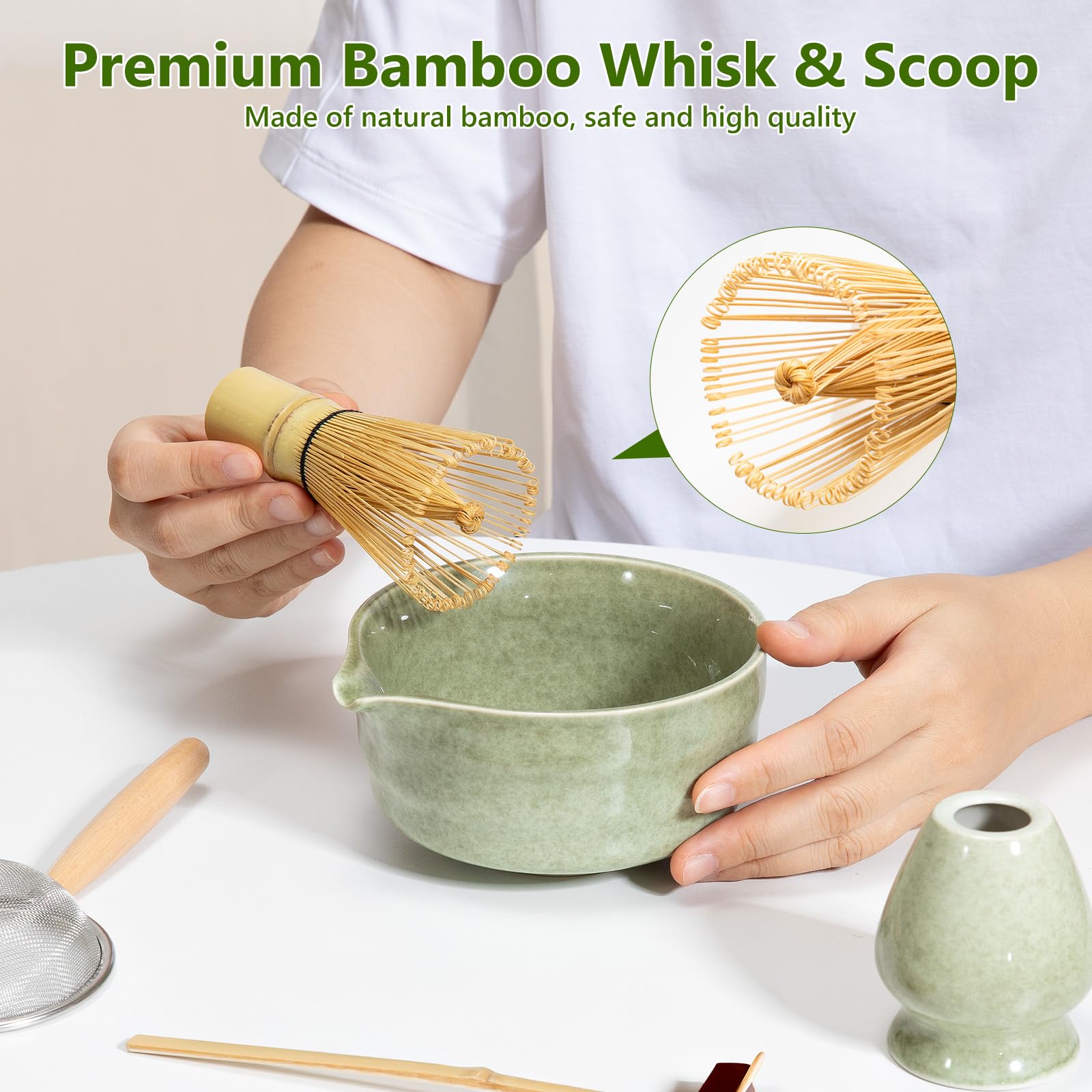 Set di Fruste per Matcha, Set da Tè Matcha da 7 Pezzi con Frusta in Bambù Ciotola in Ceramica Cucchiaio e Supporto Kit di Partenza Tradizionale per la Cerimonia del Tè (Verde)