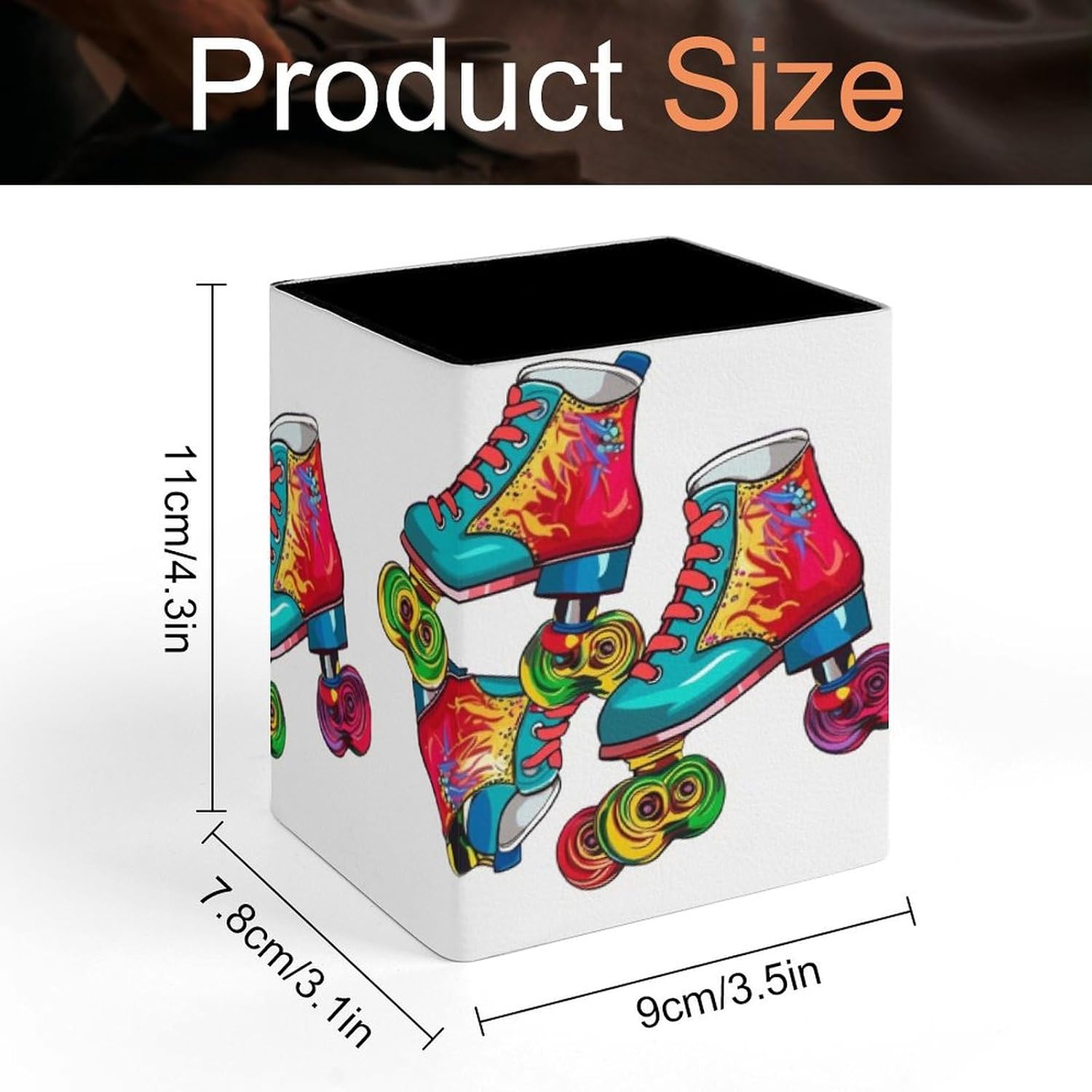 Lether Pen Holder for Desk, Colorful Roller Skates Pencil Holder Organizers for Desktop, Pencil Cup Stationery Organizer for Office Desk Accessory, Square Makeup Brush Srotage Box Pencil Caddy image 2