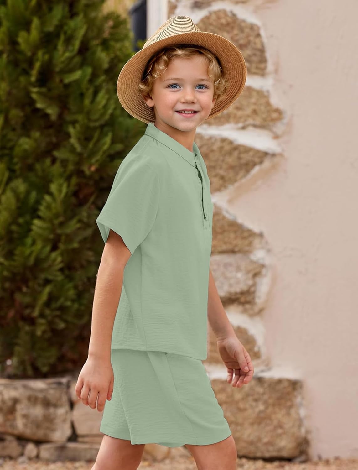 JiAmy Boy's 2 Piece Summer Outfits Casual Henley Button Down Short Sleeve Shirts and Short Sets Kids Clothes Pants Sets - Image 5