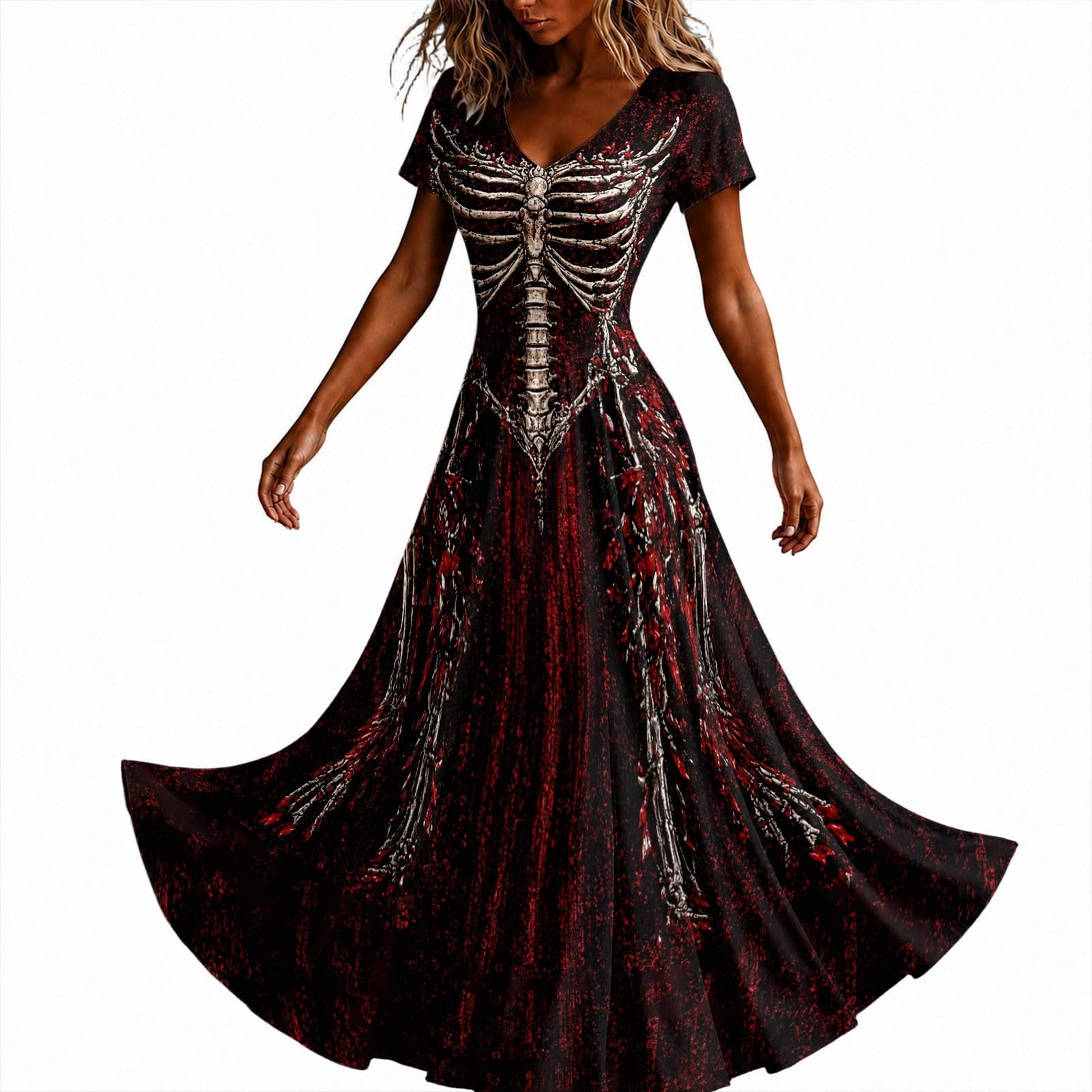 Halloween Dresses for Women UK Ladies Gothic Dress Skeleton Print Costume Short Sleeve V Neck Plus Size Costumes Scary Funny Skeleton Printed Halloween Elegan Flowy Maxi Dress Cosplay Party