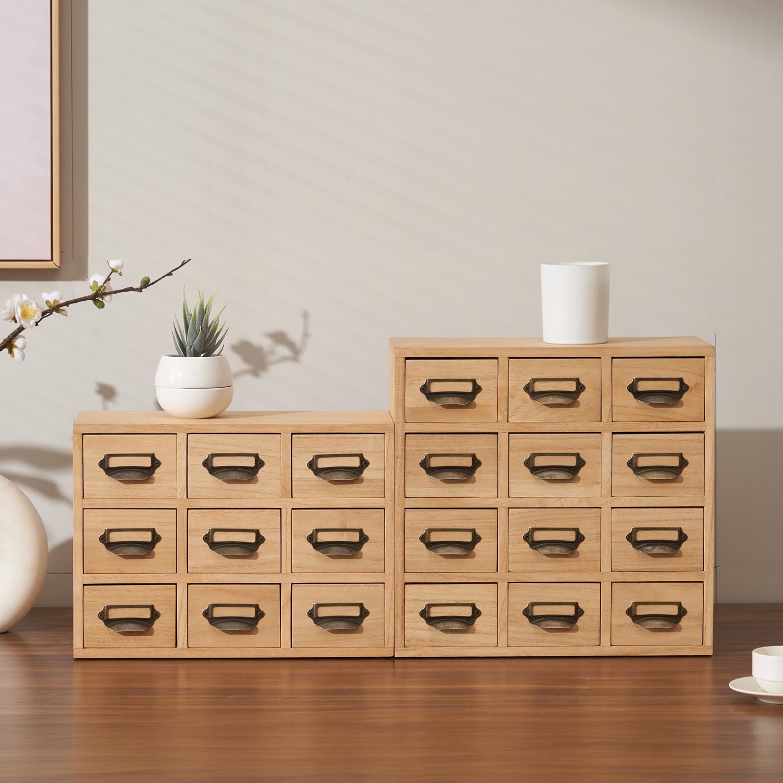 KIRIGEN Schubladenbox aus Paulownia-Holz, 12 Schubladen, Mini-Kommode mit Metallgriffen, Schreibtisch-Organizer für Kleinteile, Büro und Zuhause, 37,5 x 37 x 18,5 cm, Natur