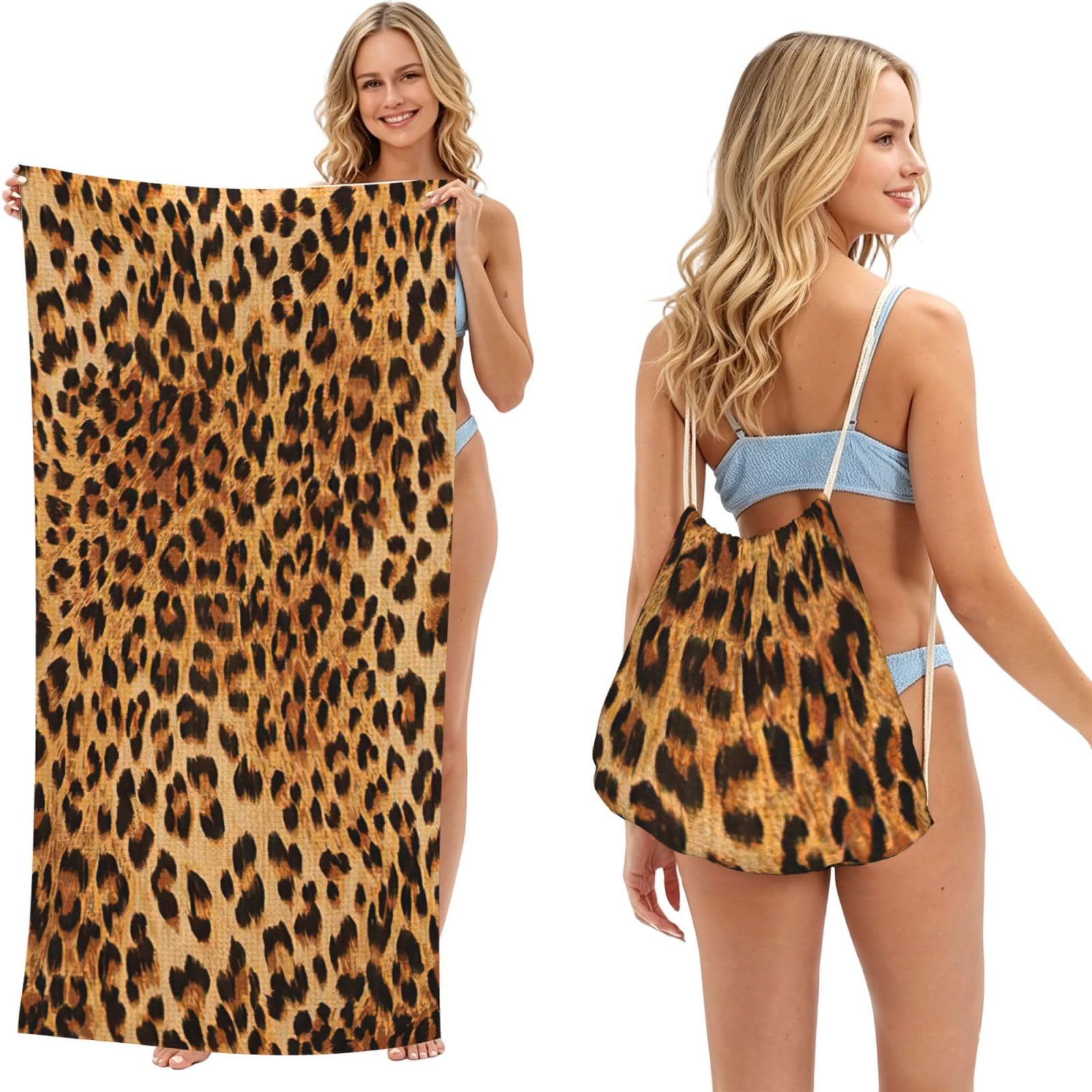 LMNvbz Leopard Print Print 2 In 1 Packable Beach Towel Bag, Quick Dry Backpack Microfiber Mat For Camping, Travel, Vacation, Cruise, And Picnic