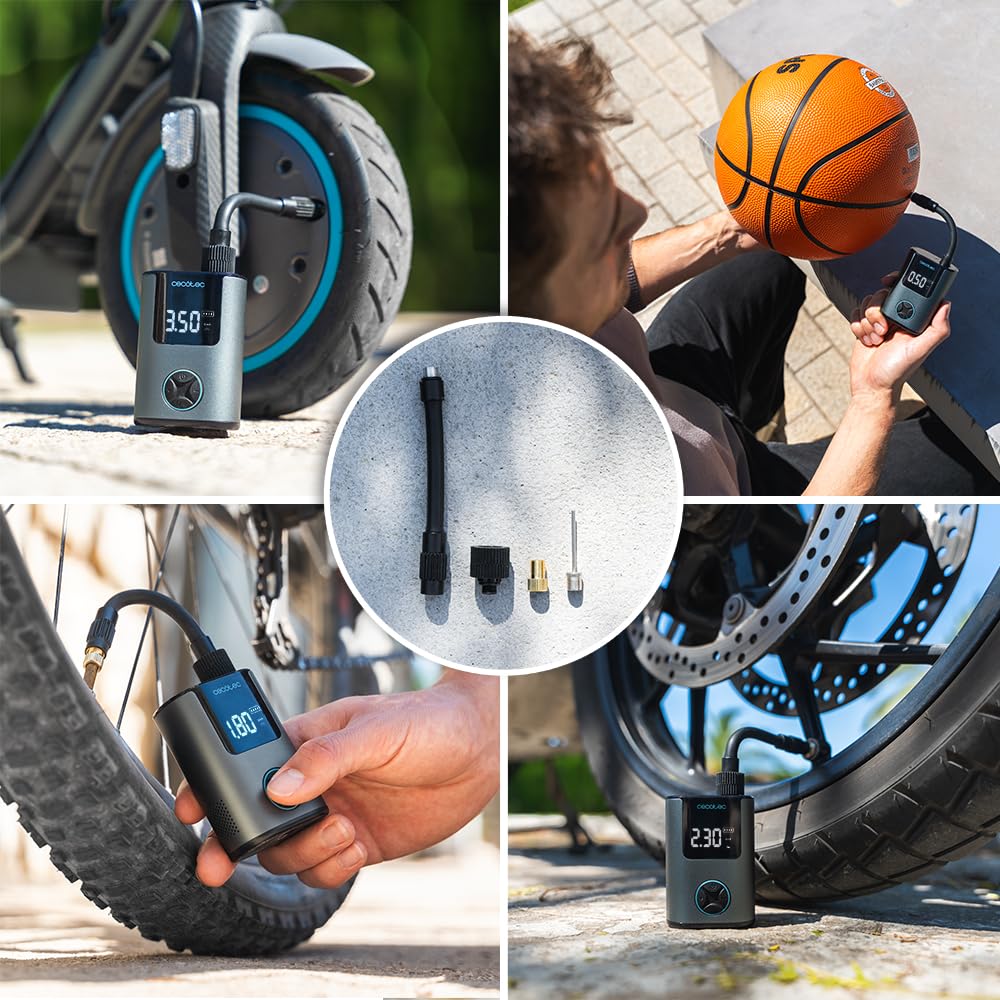 Cecotec Tragbarer Luftkompressor, kompakte elektrische Luftpumpe für Fahrrad, Motorrad, Auto und Bälle Mini Air Max, doppelter 600-mAh-Akku, Kapazität 150 PSI, bürstenloser Motor, 150 g