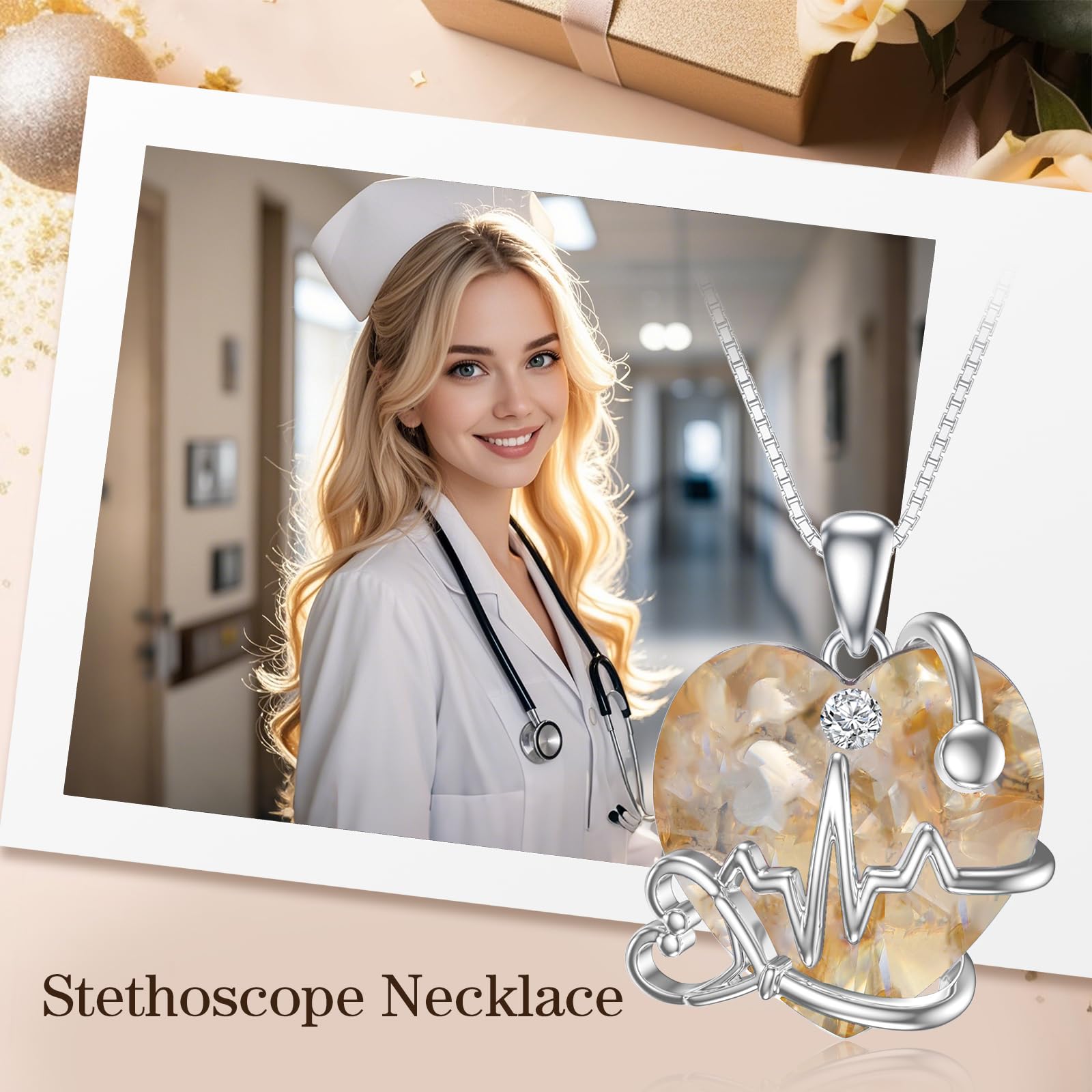 TOUPOP Regalo per infermiera da donna, in argento, stetoscopio a forma di cuore, granato, regalo per studentessa, infermiera, laurea, compleanno, festa della mamma, regalo di Natale, Argento sterling