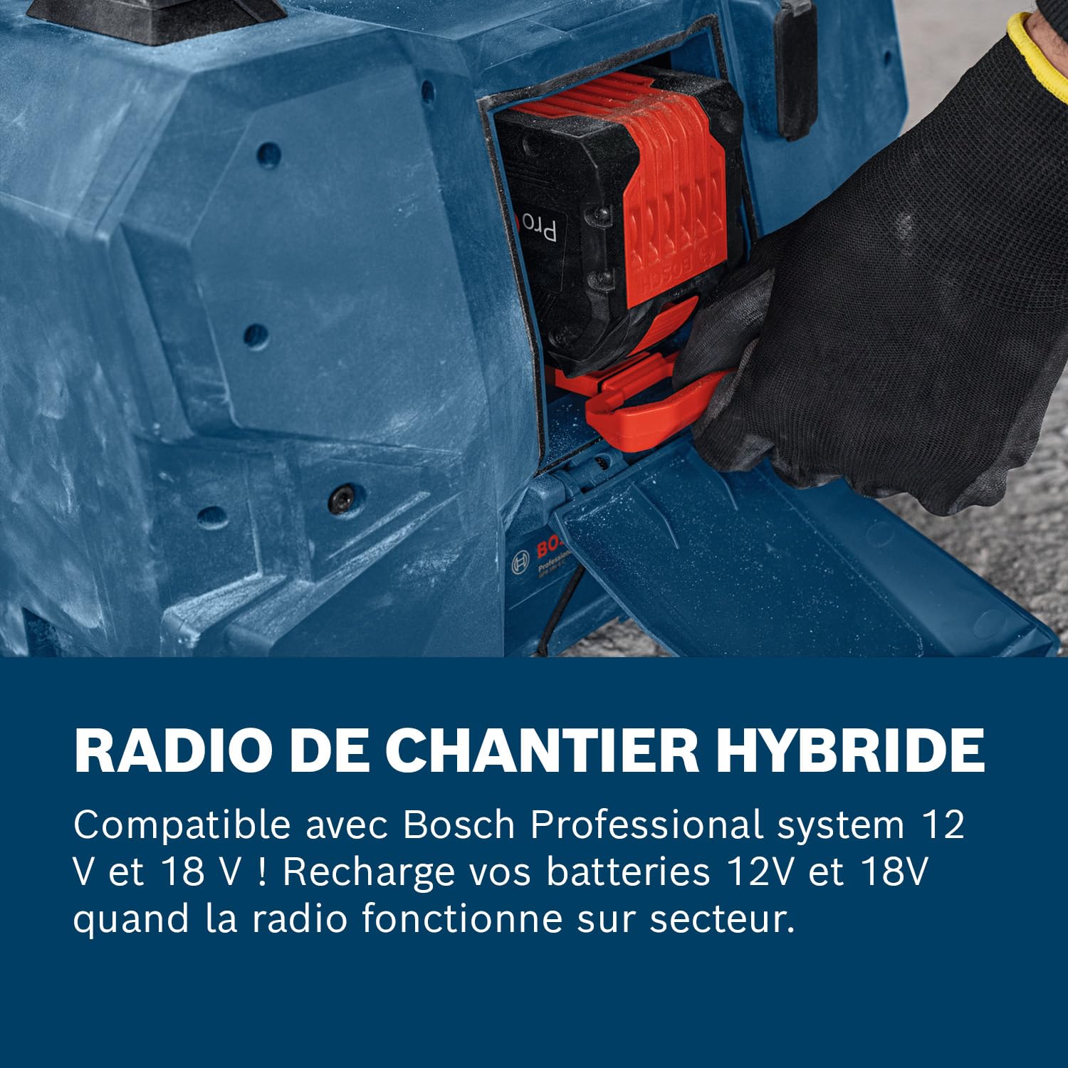 Bosch Professional 18V/ 12V System Radio Sans-Fil GPB 18VH-6 SRC (charge Intool pour 18V et 12V, ouvre-bouteille, 2x batteries AAA, film de protection de l'écran, sans batterie/chargeur)