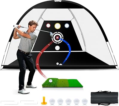 Golf Net with Auto-Ball Return System, Upgraded 10x7ft Practice Net with 5 Balls, Tri-Turf Mat and Portable Storage Bag, Durable Hitting Nets for Backyard Driving Outdoor Indoor - Gifts for Golf Lover