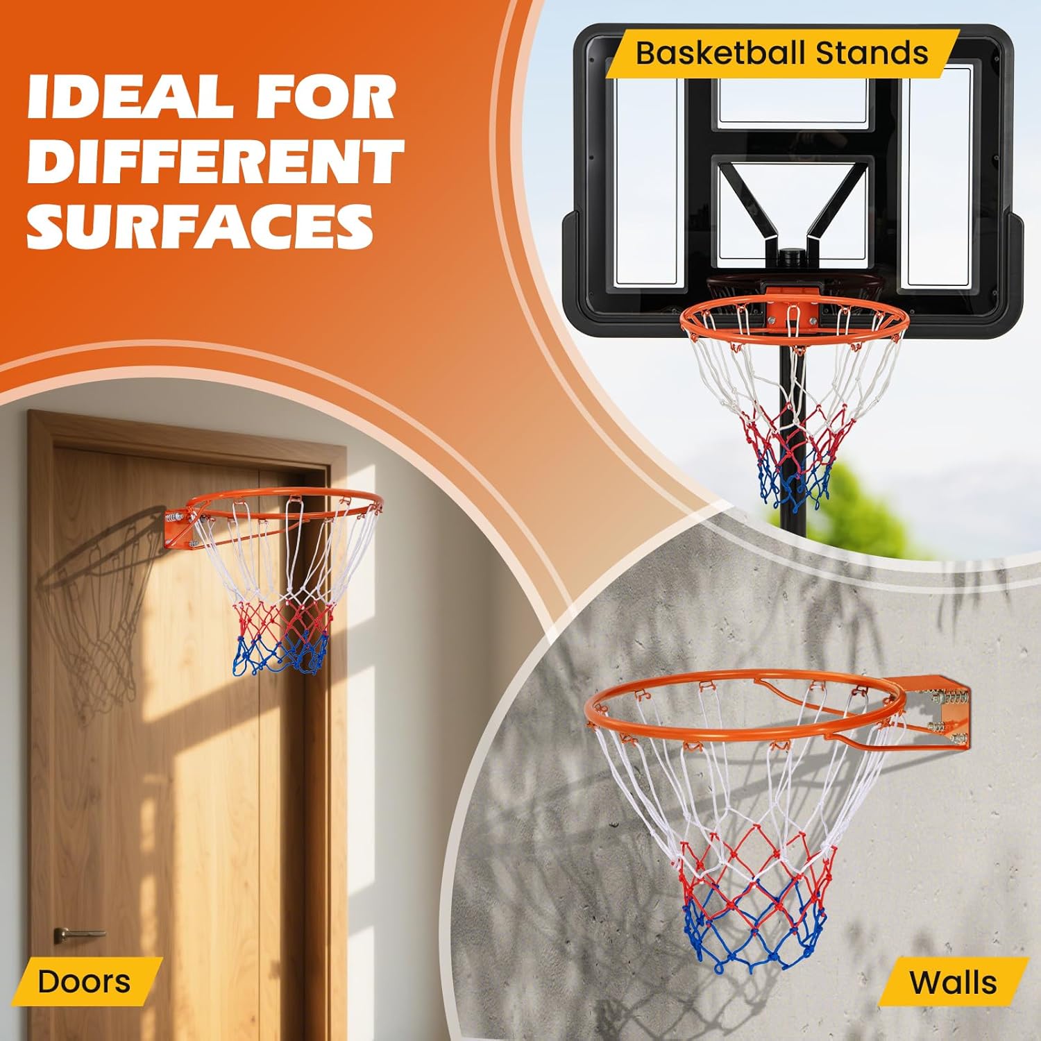 GYMAX Basketball Rim, 15/18 inch Basketball Rim Replacement with All-Weather Net, Basketball Hoop Replacement Rim Outdoor/Indoor for Wall Door Mounted