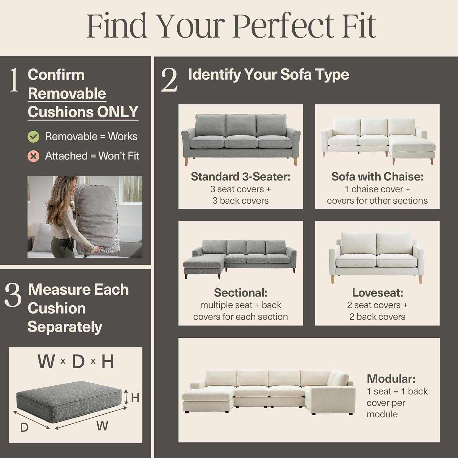 Nolan Interior Magic Sofa Cover - Classic Jacquard Back Couch Cover - Pet Proof, Easy Install, Stretchy Slipcover - Medium, Charcoal Grey