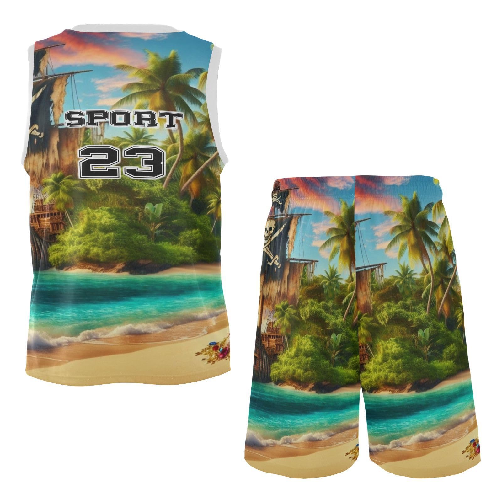 FLildon Tropic Pirate Ship Boys Basketball Jersey Set Tank Top Shorts Tracksuit Sport Training Suit for Kids