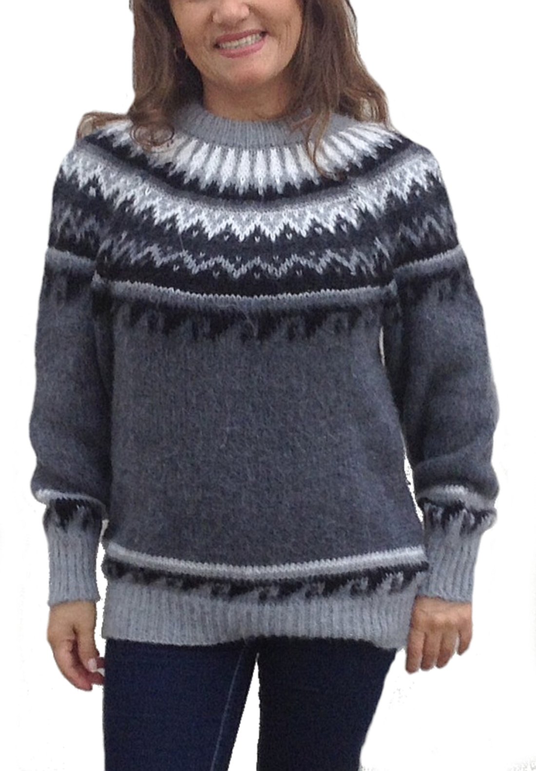 Maglione da donna grigio girocollo in lana di alpaca stile norvegese