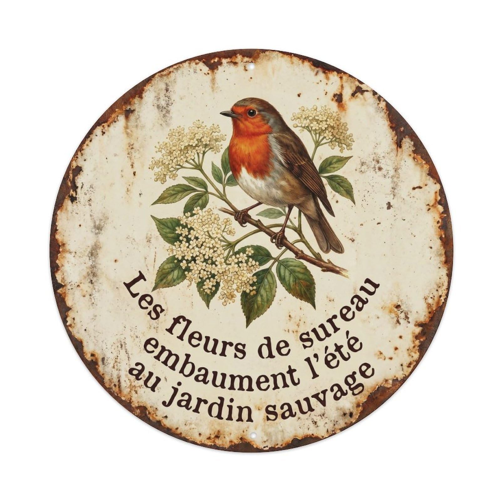 Robin Bird Garden Quote Elderflower RoundMetal Tin Sign