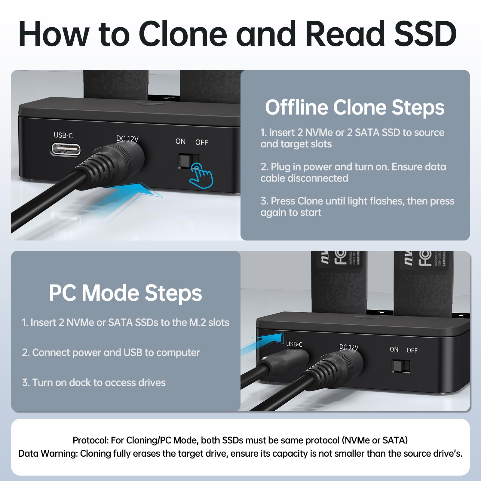 SSK Dock Disque Dur Cloner SSD M.2 NVMe SATA, Double Baie 20Gbps USB 3.2 Gen 2x2 Station d'accueil, Adaptateur USB pour SSD PCIe M Key/B+M Key avec Clonage Hors Ligne