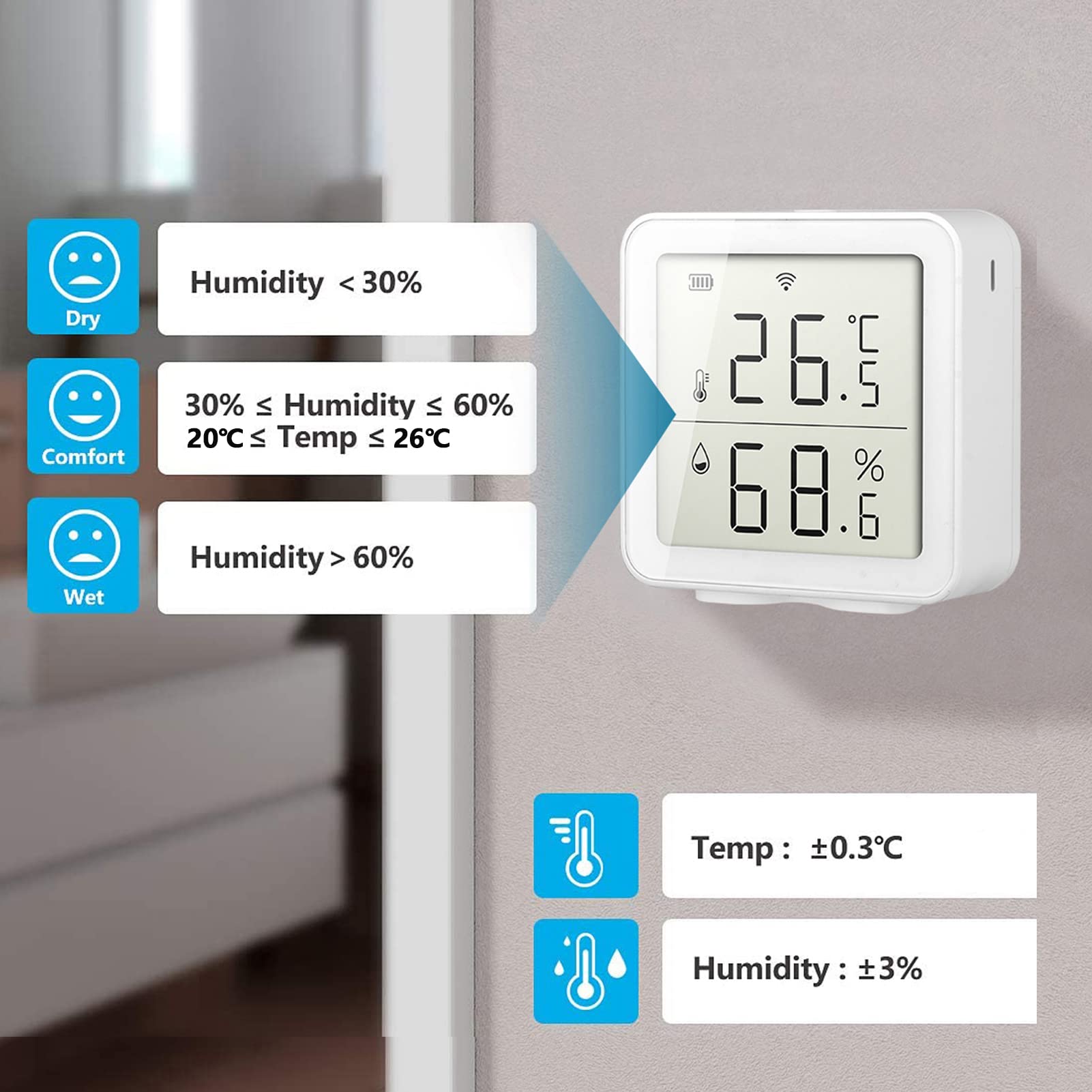 WiFi Tuya Capteur de température sans fil, Smart Life Digital Thermomètre hygromètre intérieur, compatible avec Alexa, avec stockage de données et fonctions d'alarme