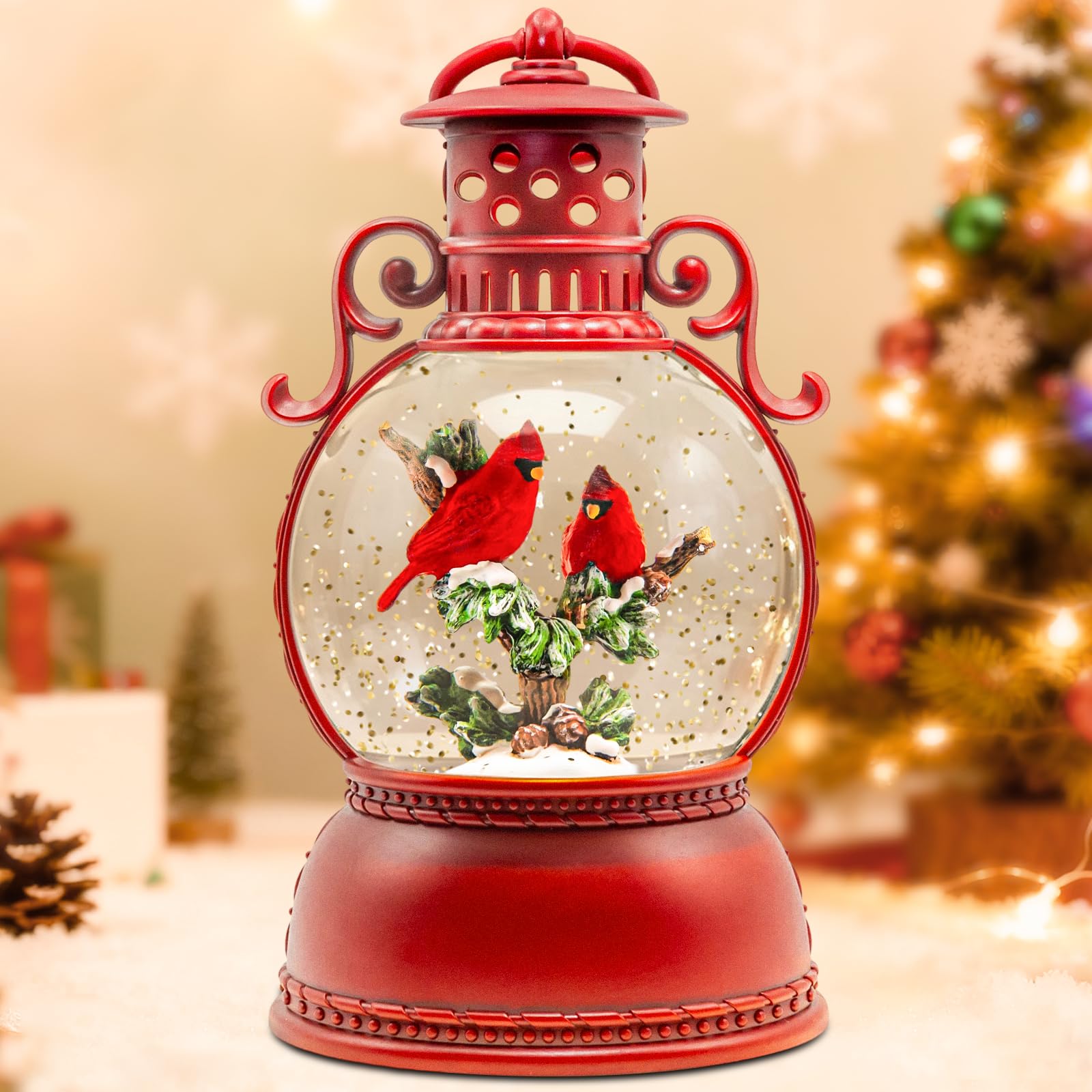 Christmas Snow Globes, Cardinal Christmas Water Globes with 8 Songs, 6H Timer Battery & USB Powered Glitter Snow Globe Music Box Suitable for Christmas Home Decorations Holiday Party Gifts