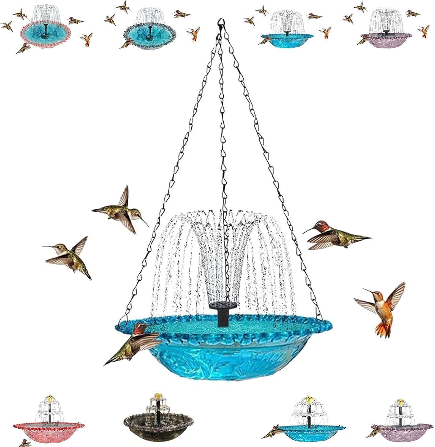 Hanging Solar Bird Bath Fountain, Outdoor Solar Fountain for Bird Bath, Large Humming Birds Baths Fountains with Solars Pump & 9.84''W Glass Bowl for Outdoor, Gardens (Blue)