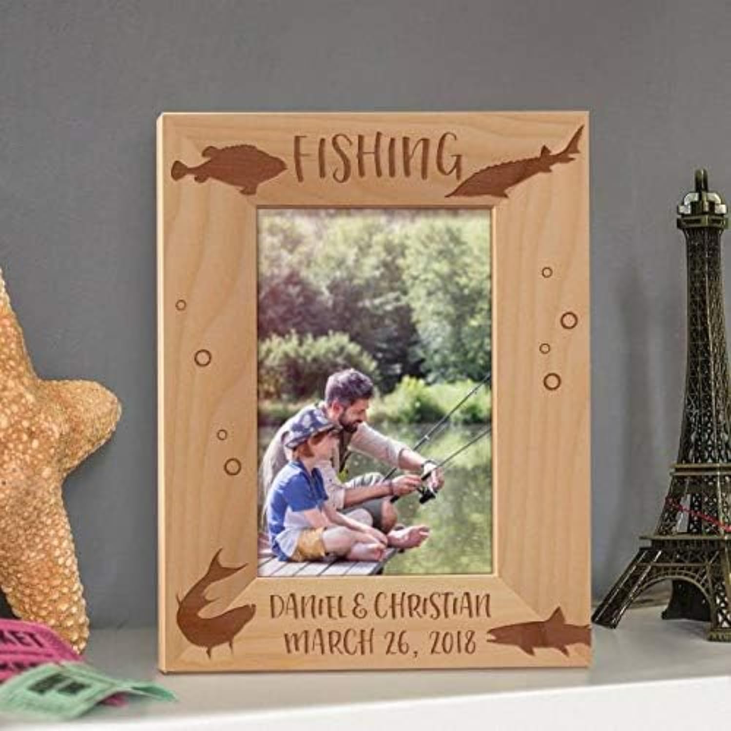 Fishing Personalized Wooden Picture Frame 4" x 6" Brown (Vertical)