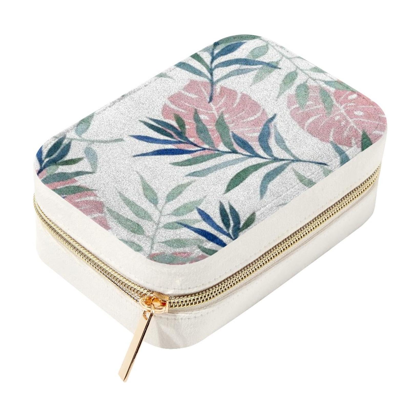 Caja de almacenamiento de joyas de terciopelo rosa y verde hoja con cremallera de metal