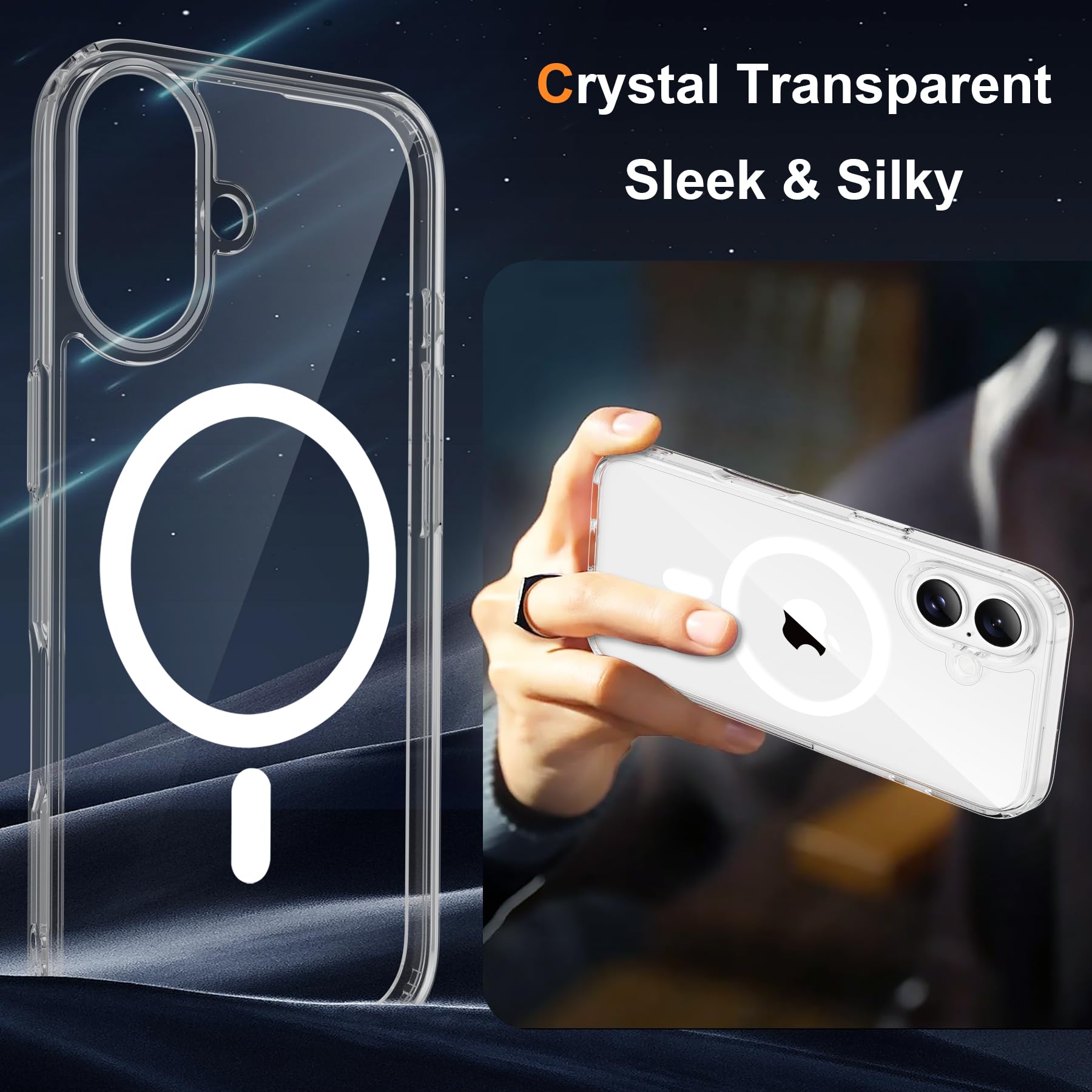 ORETECH Magnetica Cover per iPhone 16 6,1 Pollici con 2 Vetro Temperato e 1 Vetro Fotocamera, Compatibile con MagSafe, Anti-Graffio Antiurto Ultra Sottile Hard PC Cover-Trasparente