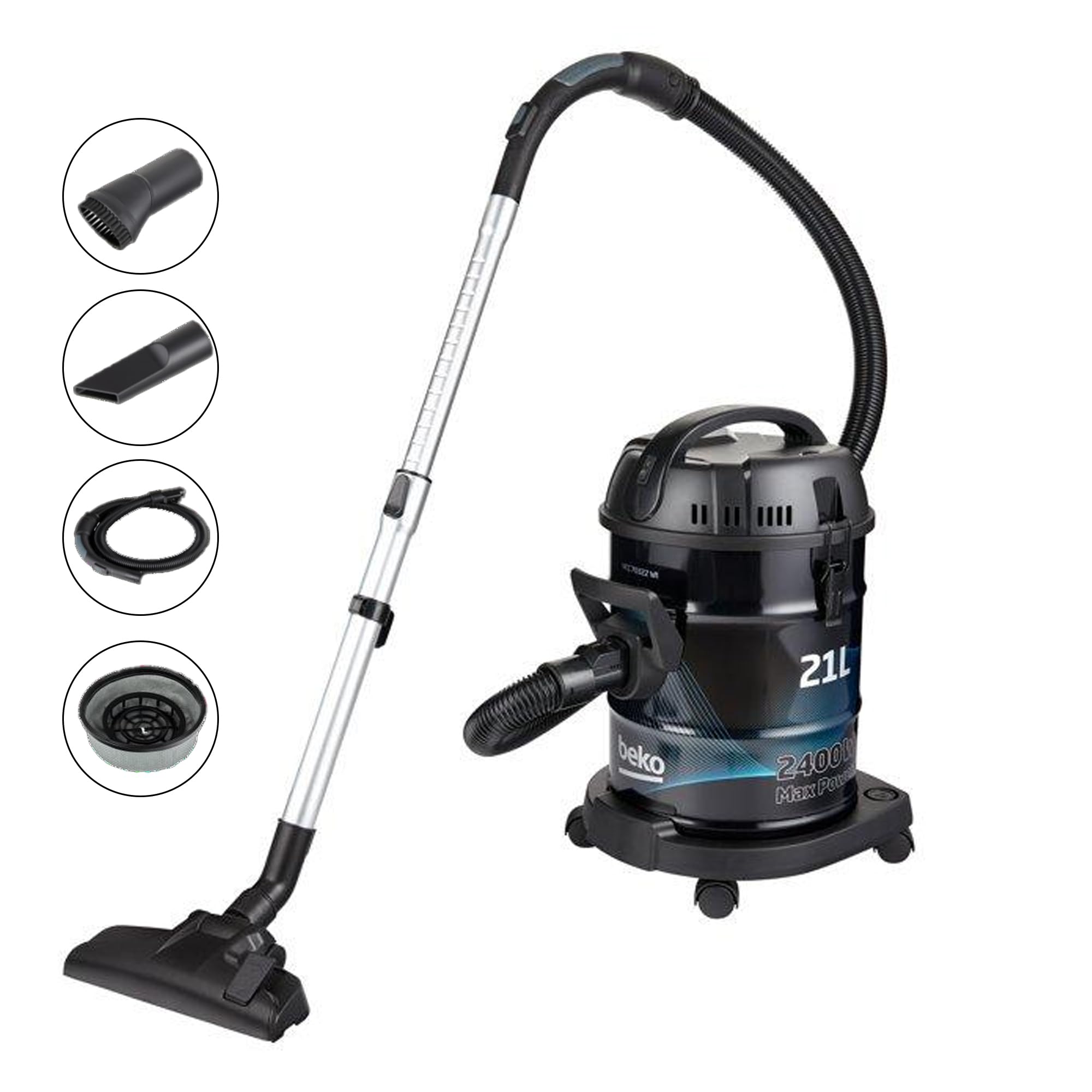Beko Drum Vacuum Cleaner VCC70322, 21L Dust Capacity, 2400 Watts Power, Carpet + Hard Floor Nozzle, High Efficiency Filter, Blower Function, 5m Cable - Black