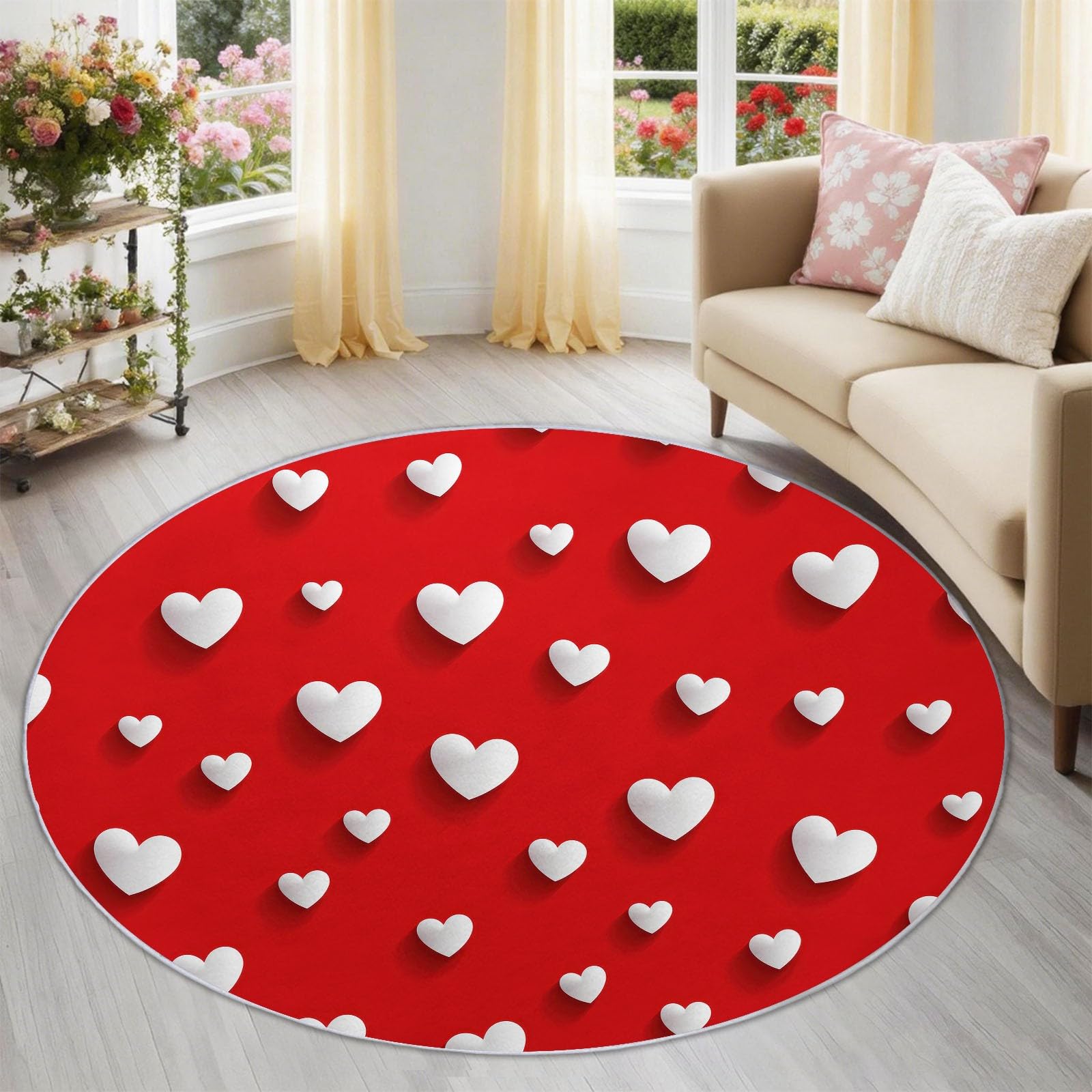 Tapis rond rouge doux imprimé cœurs pour sol de salle de jeux froid
