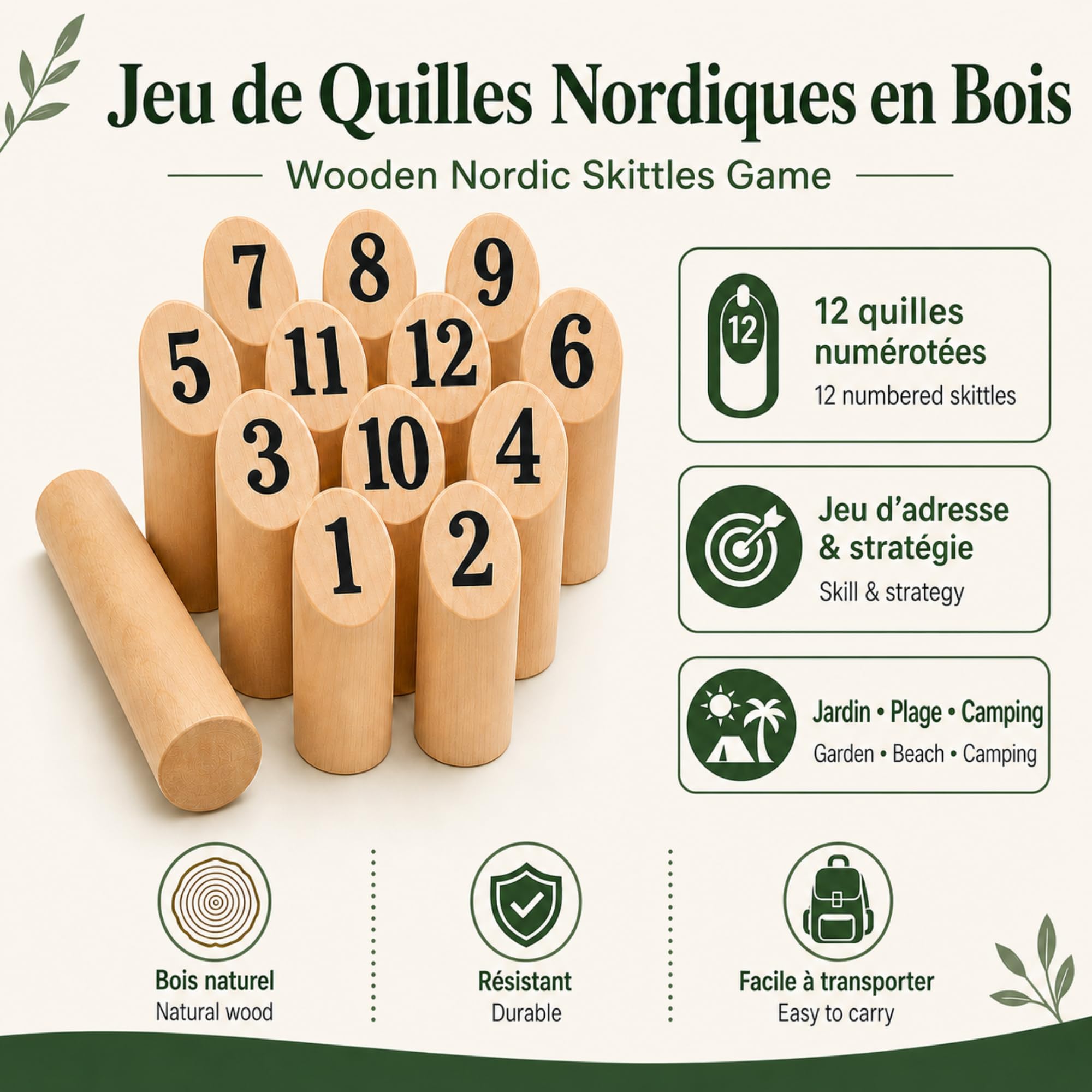 GRENADINE BOUTIQUE Jeu de Quilles Nordiques Bois, Lot 12 Quilles (Lot de 3)