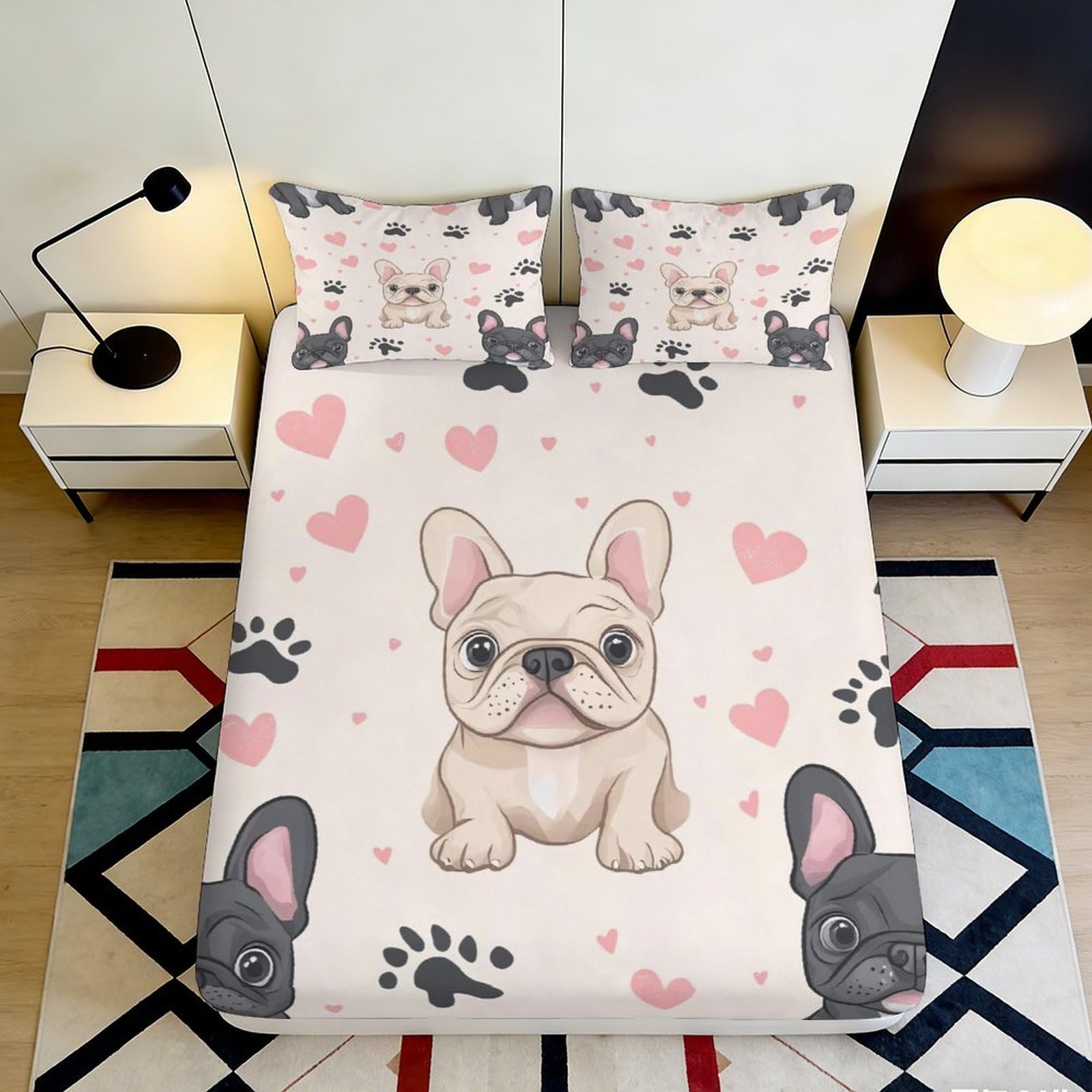 3D Printed French Bulldog Fitted Sheet Microfiber Soft Pink Heart Paw Mattress Cover for Bedroom Guest Dorm Bed Decor 90x200x25cm