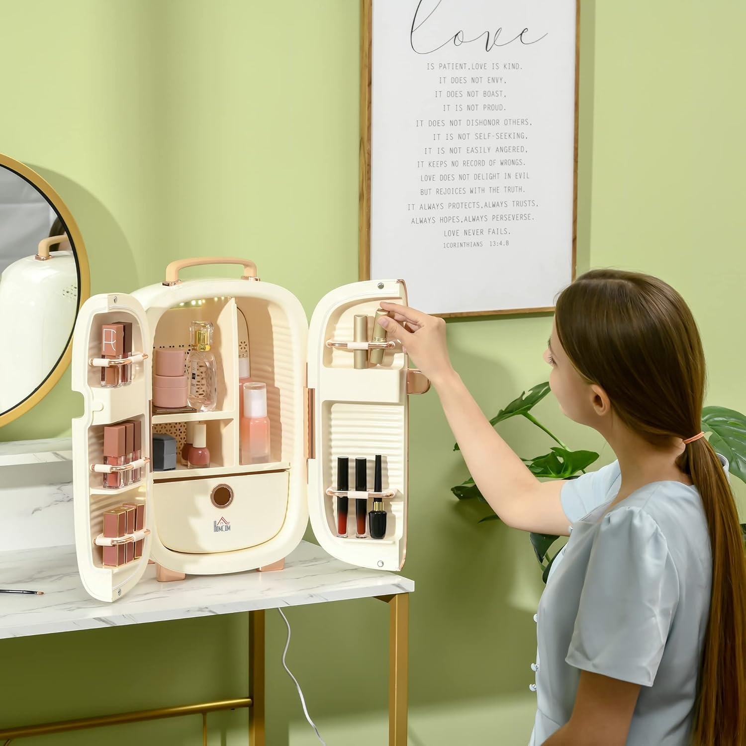 Kaimei 12L Mini Skincare Fridge with LED Display, Portable Makeup Refrigerator for Cosmetics, Beauty Products, Skincare | Compact Beauty Cooler for Bedroom, Dorm, Office Desk, White
