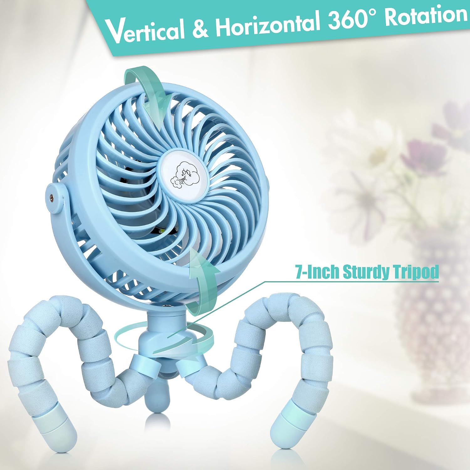 Stroller Fan, 2600mAh Battery Powered Personal Desk Air Circulator Fan with Flexible Tripod, Ultra Quiet 4 Speed 360° Rotatable USB Fan for Stroller Office Camping Hurricane Outage, Blue
