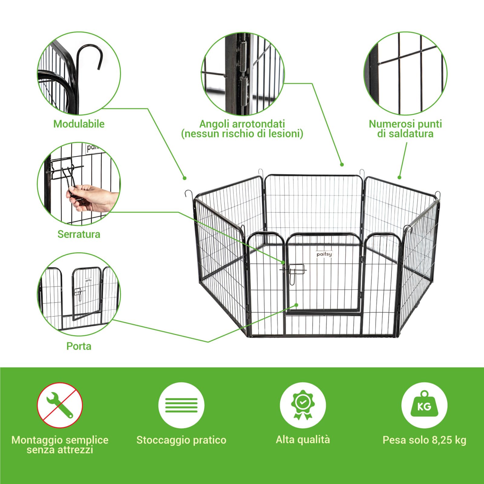 Recinto per cani, cuccioli e conigli GARDEO80x60x6, 6 pannelli 80X60cm, 1,28M2, modulabile, per interni ed esterni, pieghevole, garanzia 5 anni, Paitsy