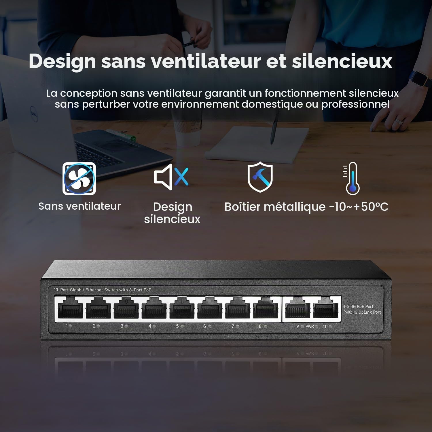 YuLinca 10 Port Mini Gigabit PoE Switch avec 8 Port PoE+, 2 Gigabit RJ45 Uplink, 10/100/1000Mbps, IEEE802.3af/at, Max 120W, Metal Fanless Plug & Play Ethernet Switch