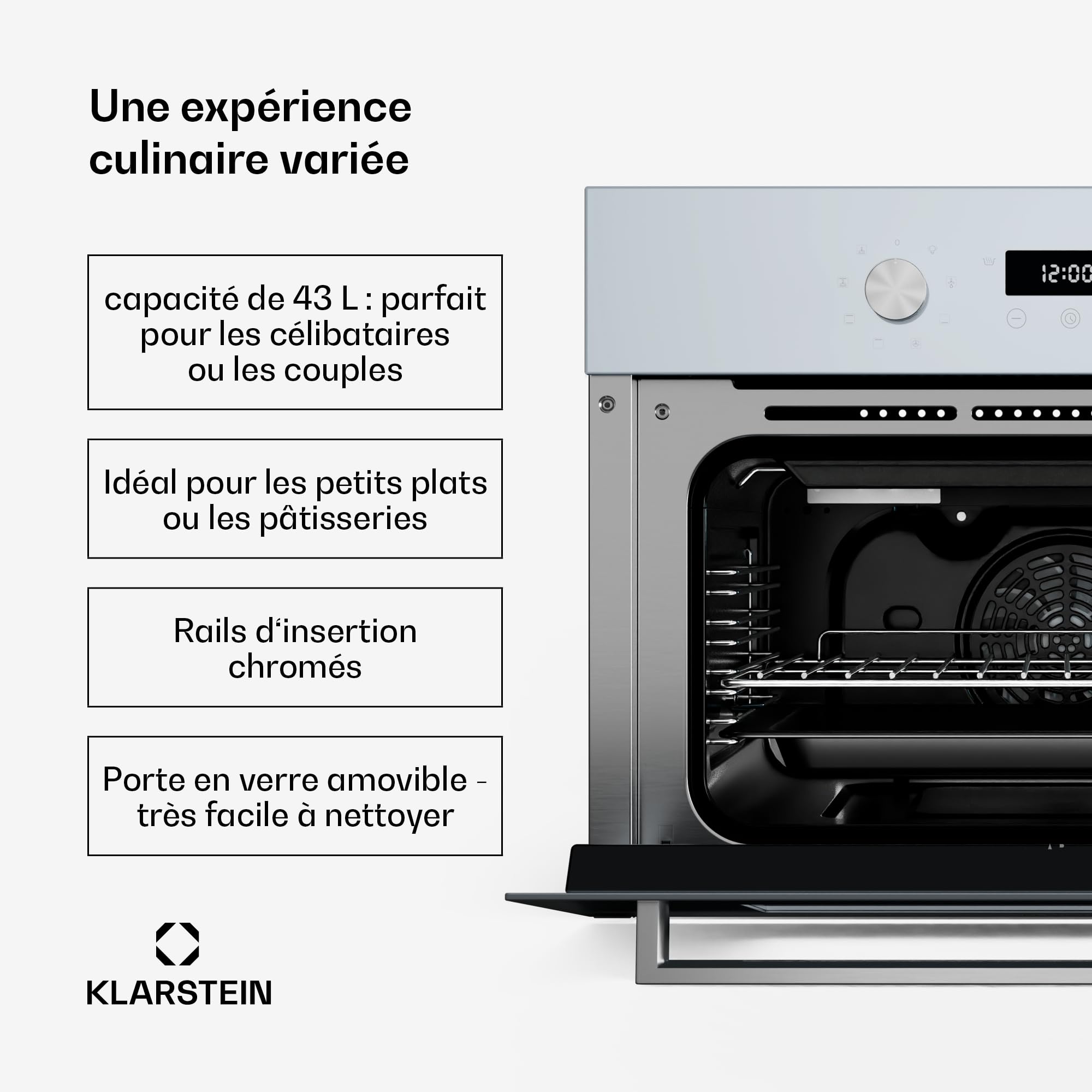 Klarstein SpaceSmart Four Encastrable Chaleur Tournante - 41 L, 8 Fonctions, Minuterie Numérique, Nettoyage Vapeur, Porte Amovible, Classe Énergétique A, Design Compact