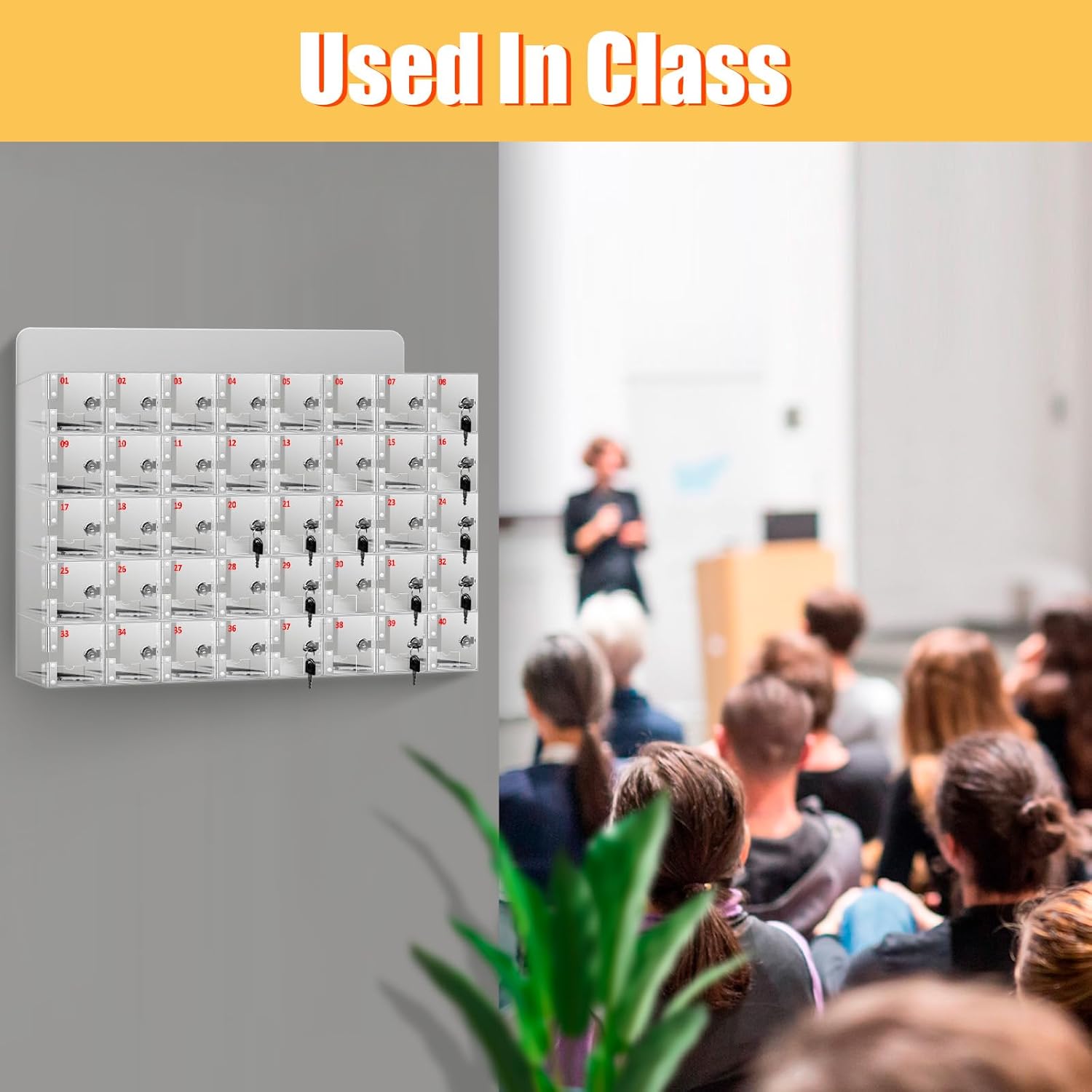 Cell Phone Locker Box, Clear Cell Phone Storage, Acrylic Cell Phone Lock Box with Door Locks and Keys, Wall Mounted Cell Phones Storage Cabinet for Office School Classroom Factory (40 Doors)