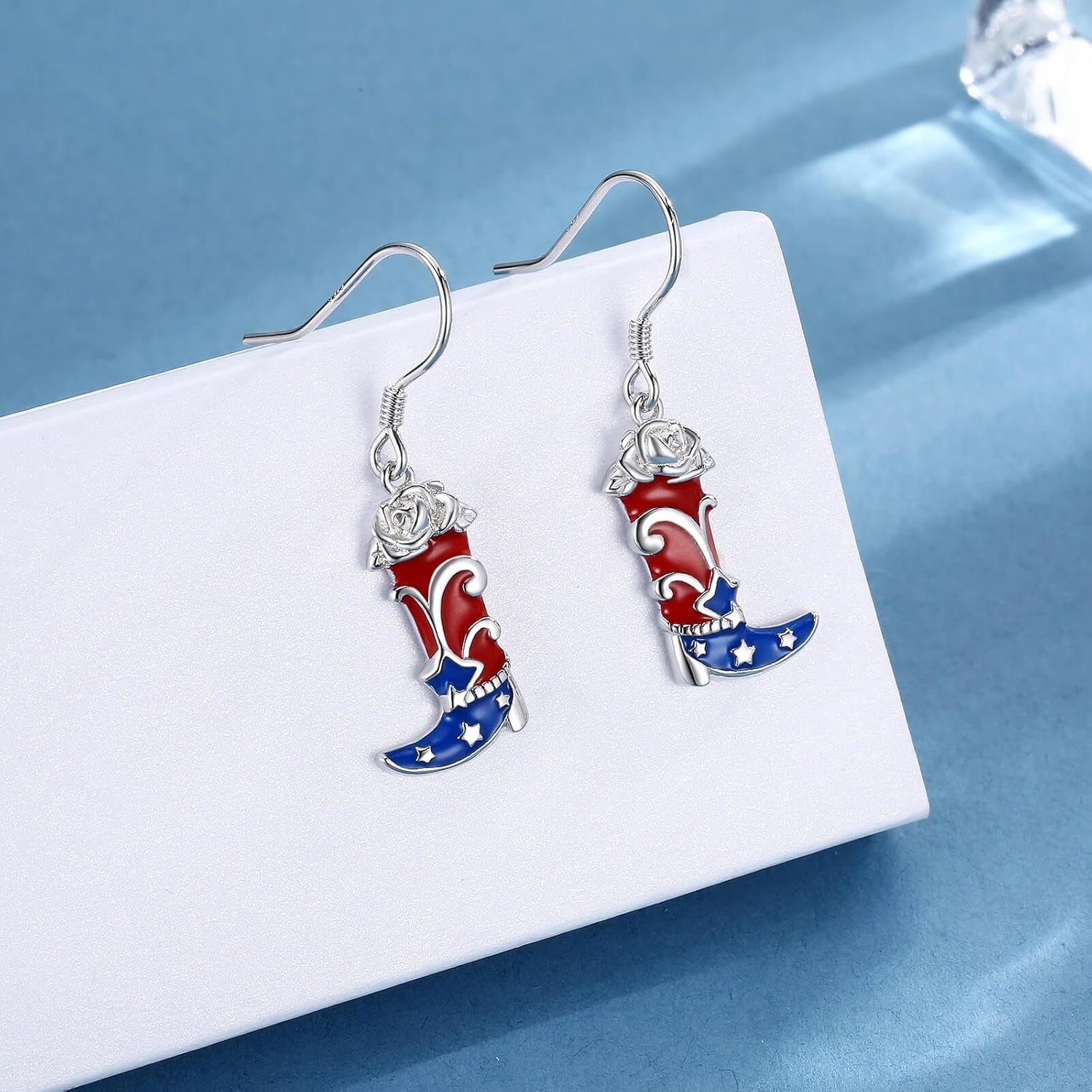 Patriotic American Flag Dangle Earrings for Women 925 Sterling Silver-4th of July Independence Day Red White Blue Patriotic Jewelry Gifts-Western Cowgirl Boots USA Flag Drop Earrings - Image 6
