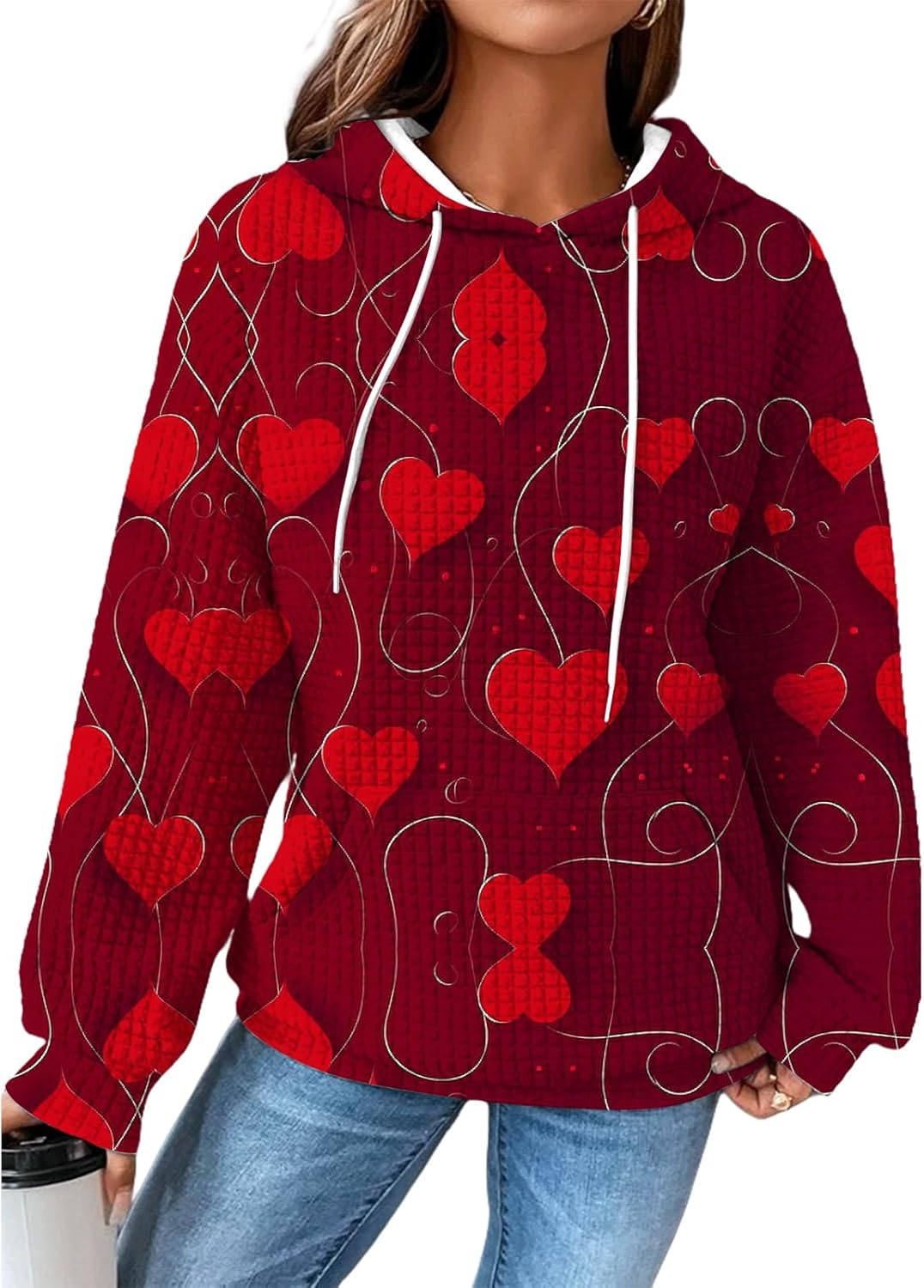 Valentines Hoodies For Women Heart Print Pullover Waffle Outdoor Oversized Fashion ...