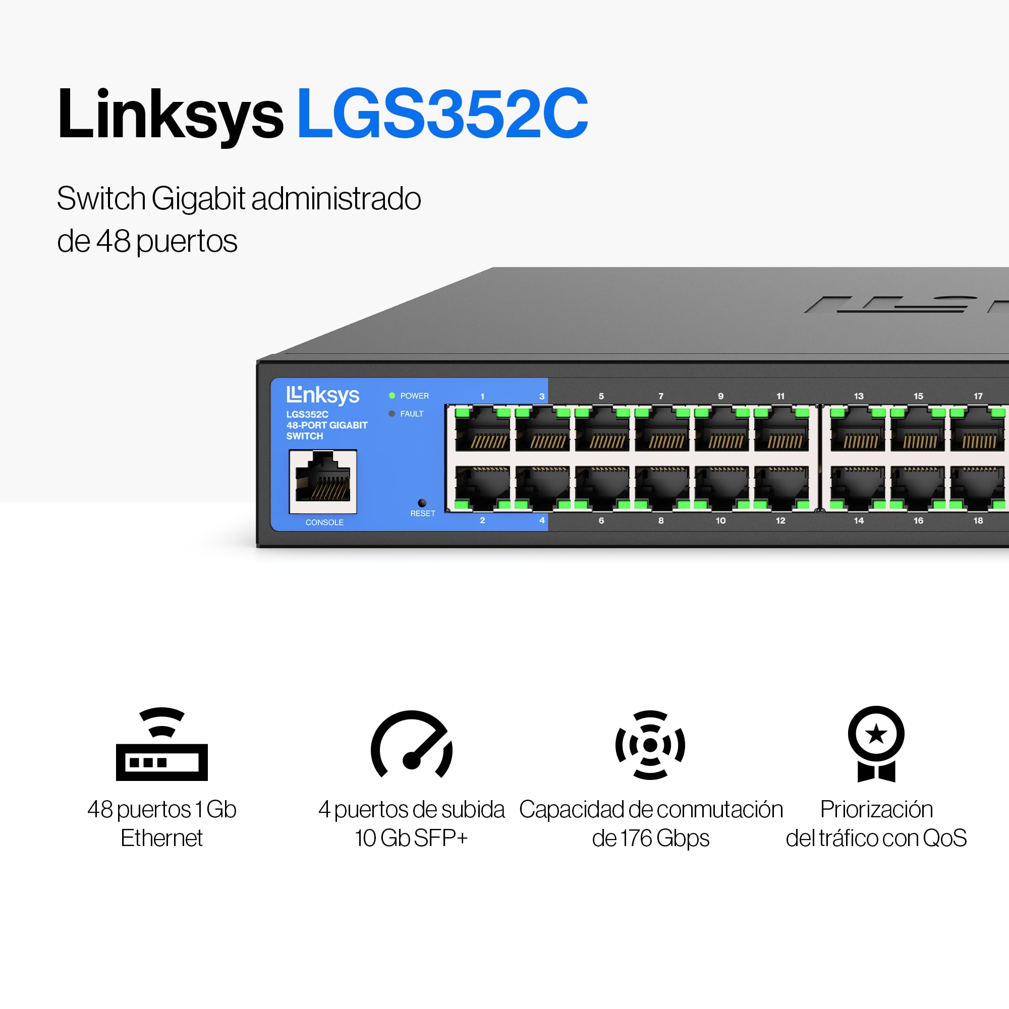 Linksys LGS352C-EU switch de red administrado Gigabit de 48 puertos con 4 ranuras SFP+ 10G de subida, concentrador/divisor Ethernet inteligente con carcasa metálica y montaje de sobremesa/pared