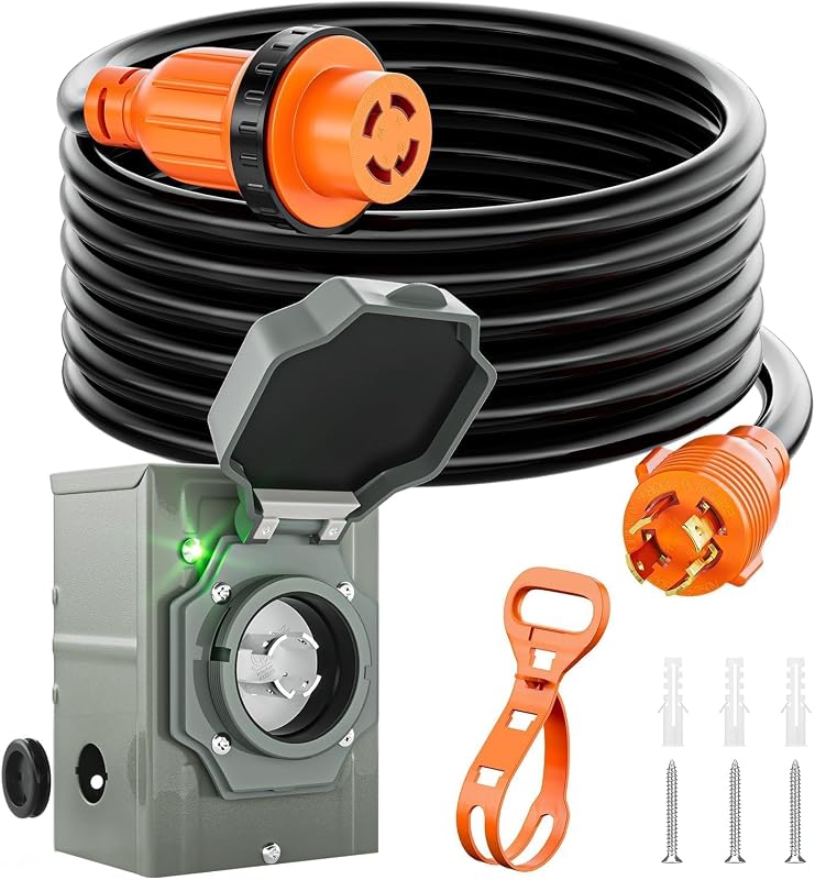 30 Amp 25ft Generator Cord and Pre-Drilled Inlet Box Kit | NEMA L14-30P to L14-30R, ETL Listed, Twist Lock, with Organizer, Waterproof STW Wire, for RV Camper & House