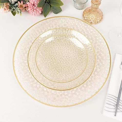 Miniatura 9 de Efavormart - Paquete de 10 platos de carga de plástico martillado transparente dorado con purpurina, platos redondos desechables con borde dorado,