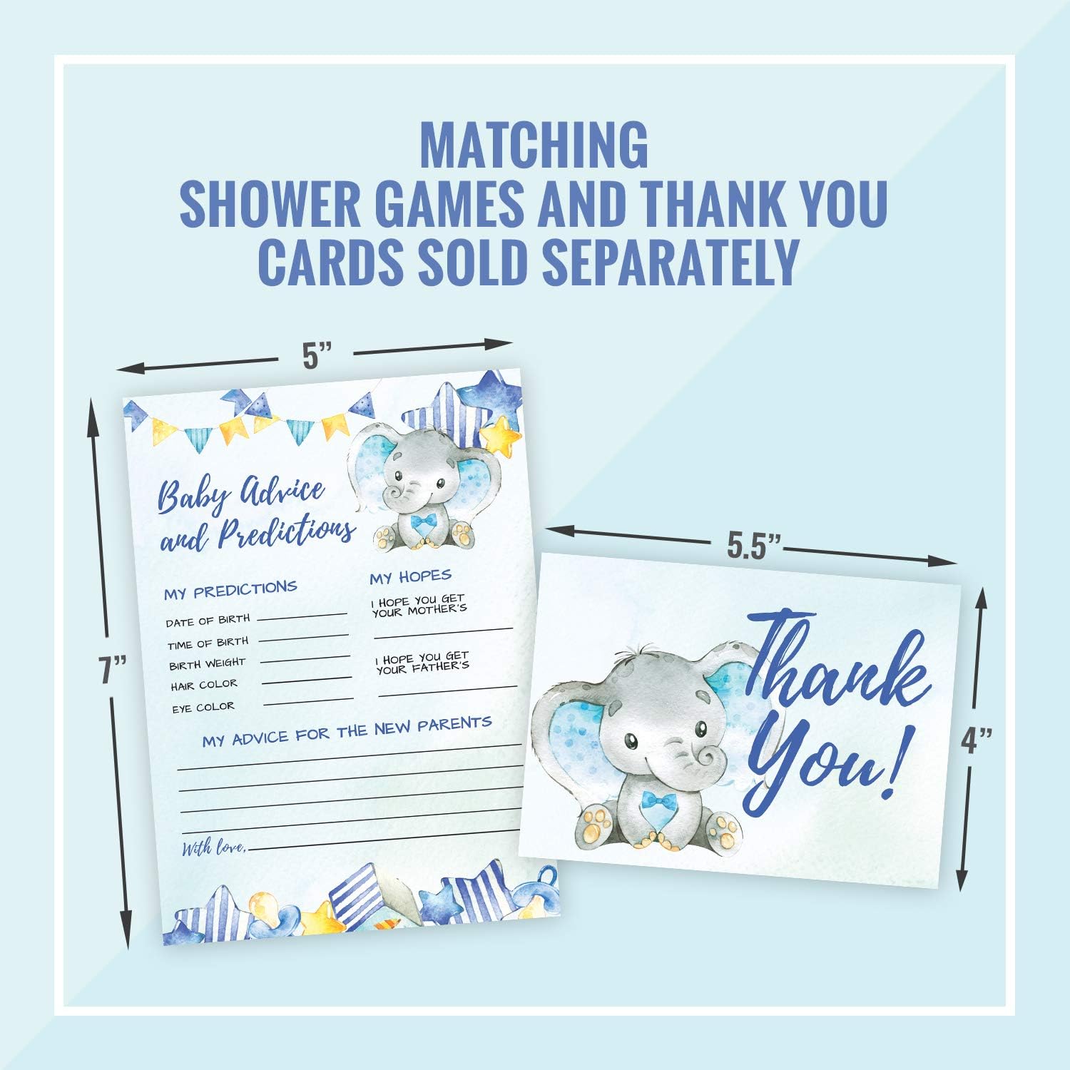 Pink Pixie Studio Deluxe Blue Elephant Baby Shower Invitations, Jungle Tropical Safari Animals Invites 20 Large Double Sided 5 x 7 Cards with Blue Envelopes (Its A Boy, Invitations)