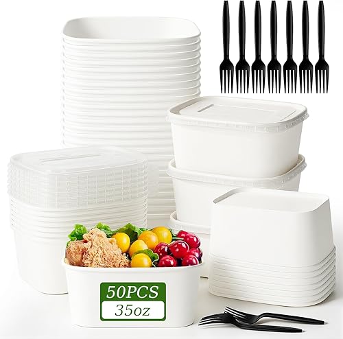 Miniatura 15 de Paquete de 50 cuencos desechables de papel kraft de 19 onzas con tapas y tenedores, recipientes desechables para preparación de comidas, cuencos