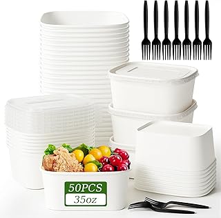 DI QIU REN 50-Pack 35oz Disposable Meal Prep Containers with Lids & Forks, Kraft Paper Bowls To Go Take Out Food Containers with Lids, Microwave & Freezer Safe (White Kraft Paper, 35oz 50 Count)
