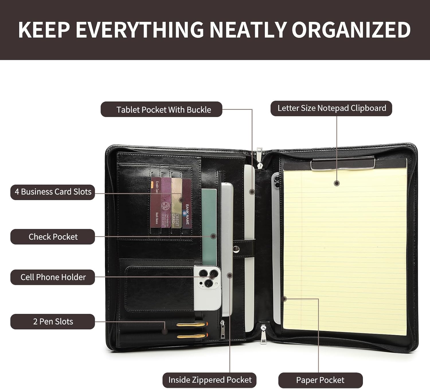 Vegan Leather Portfolio with Hidden Handle, Clipboard Folder, Front Pocket, 8.5 x 11 Legal Pad Notebook Holder, Professional Executive Interview Zip Laptop Padfolio for Women Men, Black