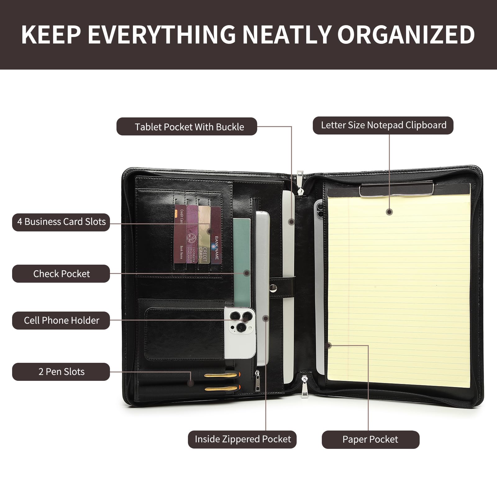 Portfolio in pelle vegana con portablocco, organizer con cerniera e 4 scomparti per biglietti da visita, 2 portapenne, tasca per tablet da 13,3", per donne e uomini, nero