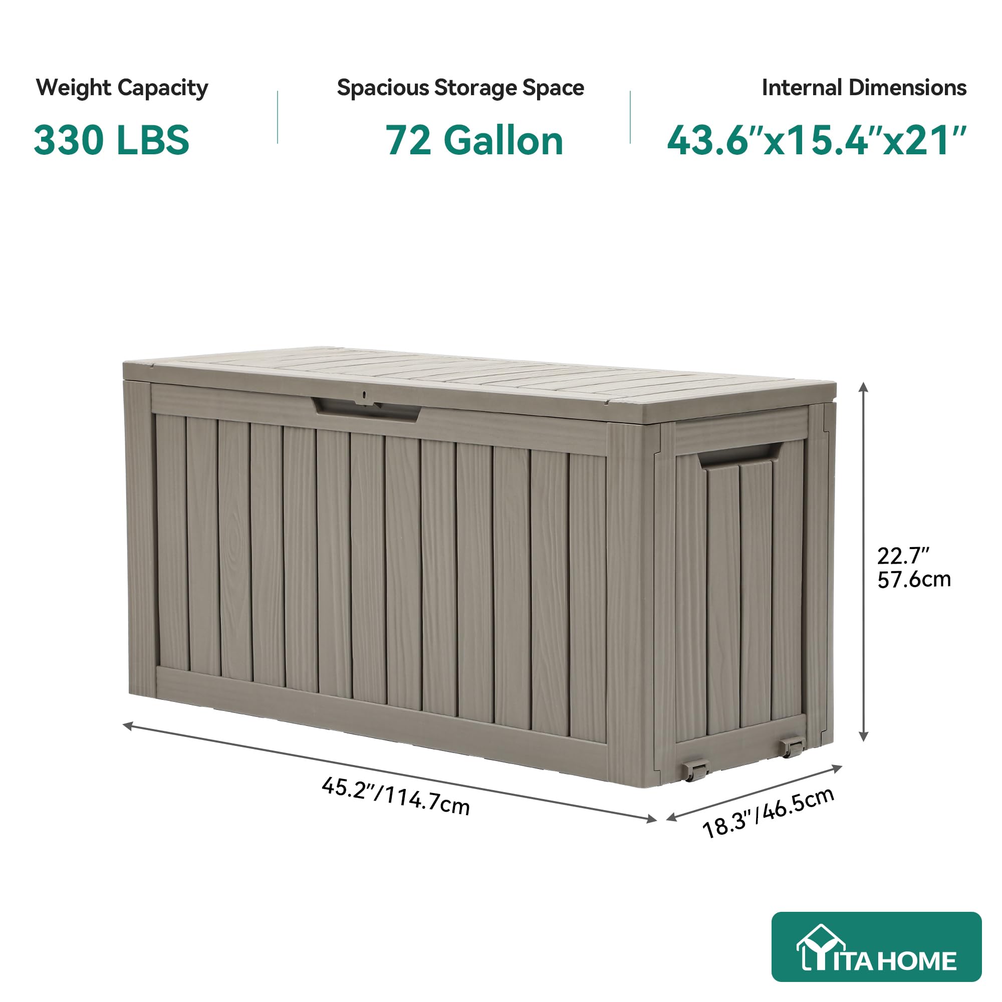 YITAHOME Outdoor-Aufbewahrungsbox mit Rollen, 270L Kunststoff-Gartenbox, Wetterfeste Aufbewahrungskiste für Kissen, Werkzeug & Poolzubehör, Abschließbar, Holzoptik, 114,7 x 46,5 x 57,6 cm, Hellbraun