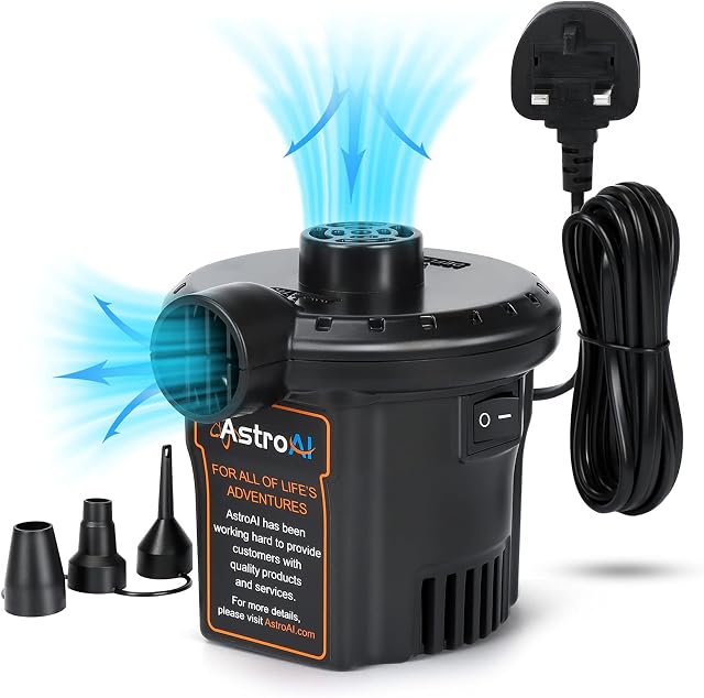 AstroAI Electric Air Pump for Inflatable,Portable Inflator Deflator Pumps with 3 Nozzles for Inflatable Cushions Air Beds Swimming Ring Pool Floats Toy Raft for HomeYard 240V
