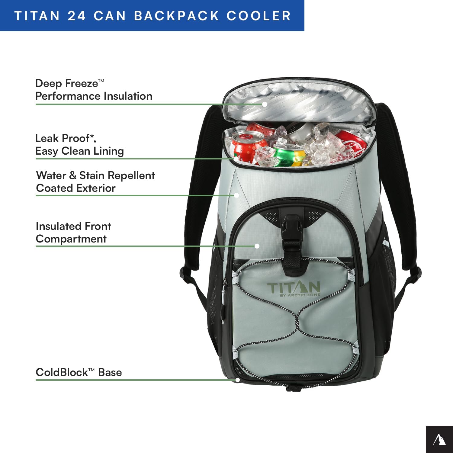 Titan by Arctic Zone Backpack Cooler, Insulated Soft Sided Bag with Leak Proof Lining and Padded Straps, for Lunch, Picnic, and Travel, 24 Can Capacity