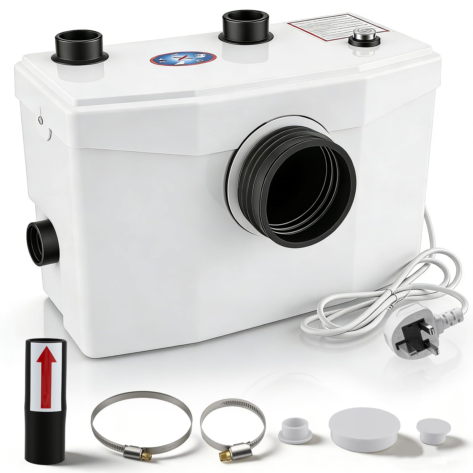 Triturador Sanitario 600W, Bomba trituradora aguas residuales silenciosa, Trituradora Sanitaria con Motor de Cobre, 240L/min, 8m de Altura, 3 Entradas para WC, Ducha, Lavabo, Lavadora y Condensación